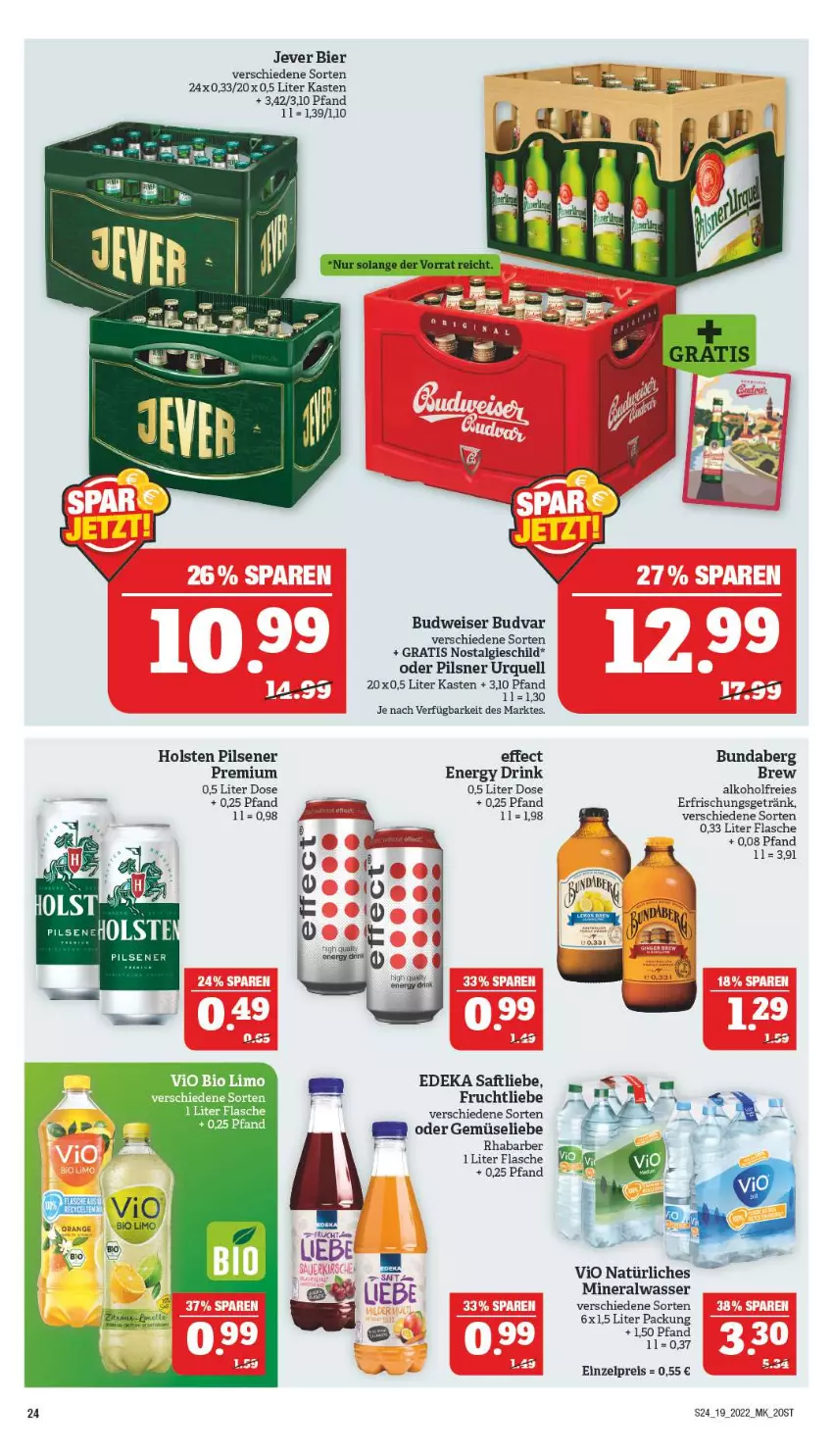 Aktueller Prospekt Marktkauf - Prospekt - von 08.05 bis 14.05.2022 - strona 28 - produkty: alkohol, Alwa, bier, bio, bio limo, budweiser, Bundaberg, deka, drink, Effect, eis, energy drink, erfrischungsgetränk, flasche, frucht, getränk, holsten, holsten pilsener, jever, LG, limo, mineralwasser, natürliches mineralwasser, pils, pilsener, pilsner, pilsner urquell, reis, rhabarber, saft, Ti, vio bio limo, wasser