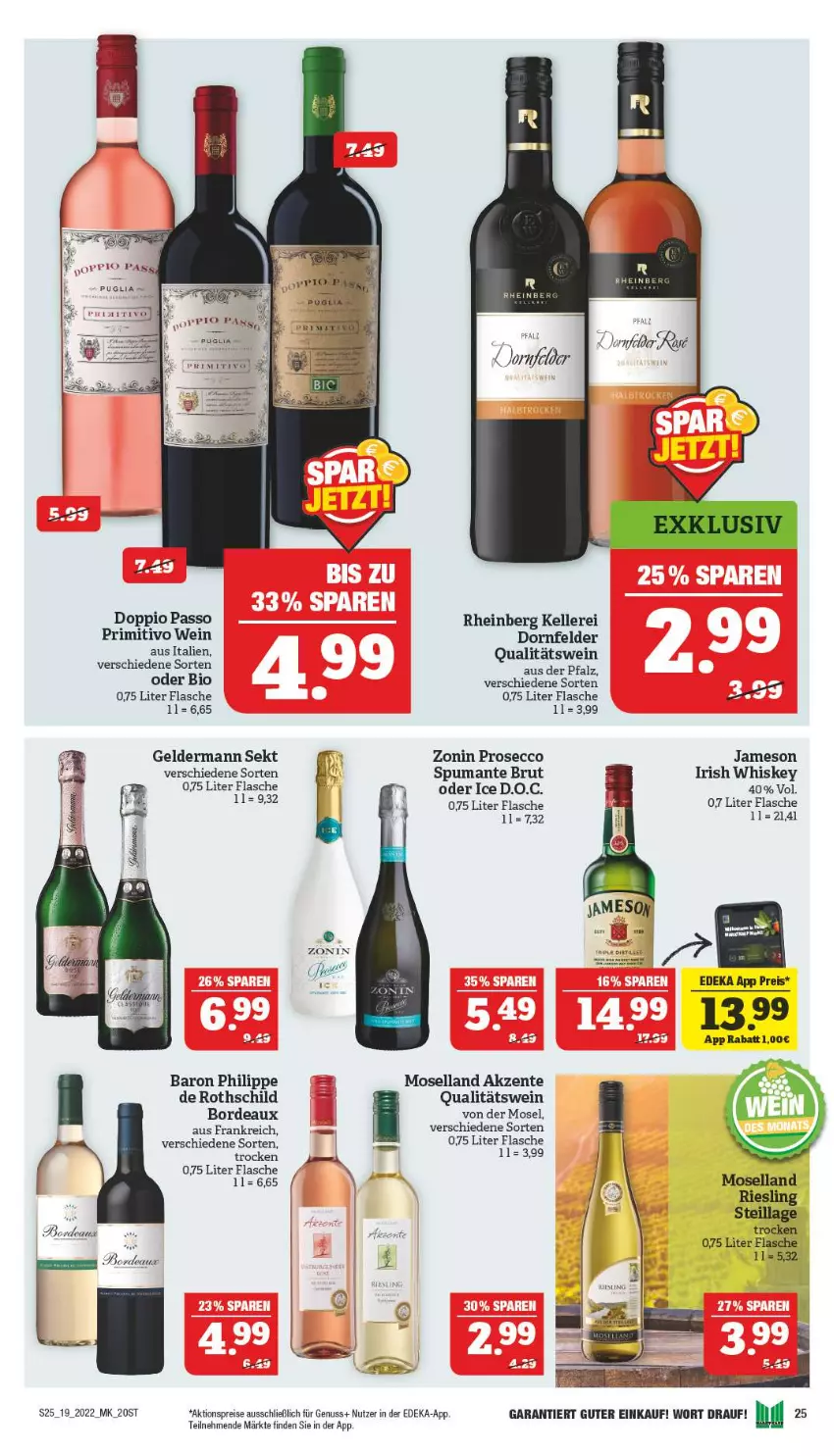 Aktueller Prospekt Marktkauf - Prospekt - von 08.05 bis 14.05.2022 - strona 29 - produkty: aktionspreis, bio, brut, deka, doppio passo, dornfelder, ecco, eis, elle, ente, erde, flasche, geldermann, irish whiskey, jameson, moselland, nuss, passo, primitivo, prosecco, puma, qualitätswein, reis, riesling, sekt, spumante, Ti, wein, whiskey, zonin