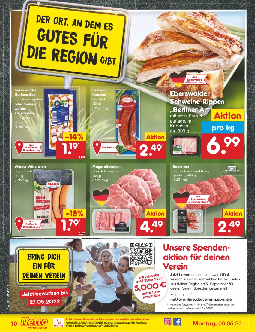 Aktueller Prospekt Netto Marken-Discount - Filial-Angebote - von 09.05 bis 14.05.2022 - strona 10 - produkty: berliner, eis, erde, fleisch, gewürz, Gewürzgurke, gewürzgurken, gurke, gurken, knacker, mac, mit gemüse, ndk, Rauch, reis, rind, Rippen, schwein, schwein und rind, schweine, spreewälder, Ti, vom schwein und rind, wein, weine, wiener, wiener würstchen, würstchen