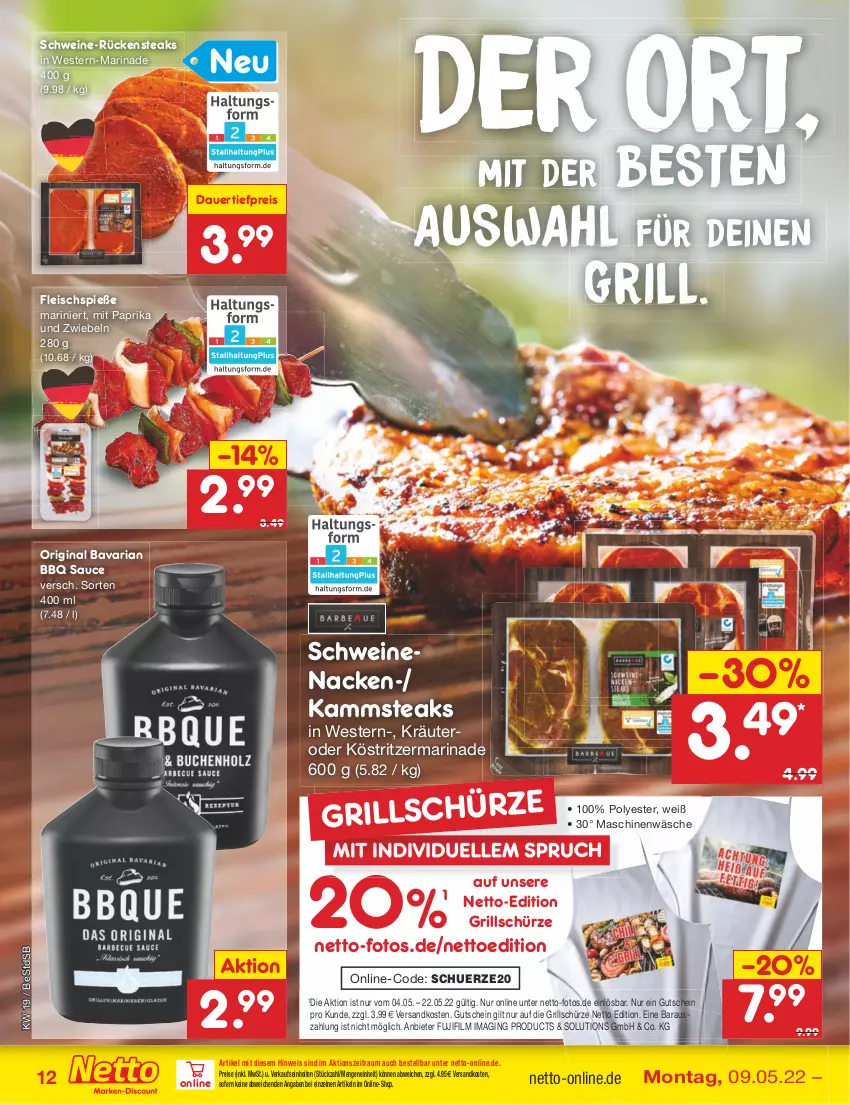 Aktueller Prospekt Netto Marken-Discount - Filial-Angebote - von 09.05 bis 14.05.2022 - strona 12 - produkty: auer, dauertiefpreis, eis, elle, fleisch, Fleischspieße, gin, grill, gutschein, köstritzer, kräuter, marinade, mit paprika, ndk, paprika, reis, Ria, Rückensteak, rückensteaks, sauce, Schürze, schwein, schweine, schweinenacken, steak, steaks, Ti, tiefpreis, wein, weine, Weste, zwiebel, zwiebeln