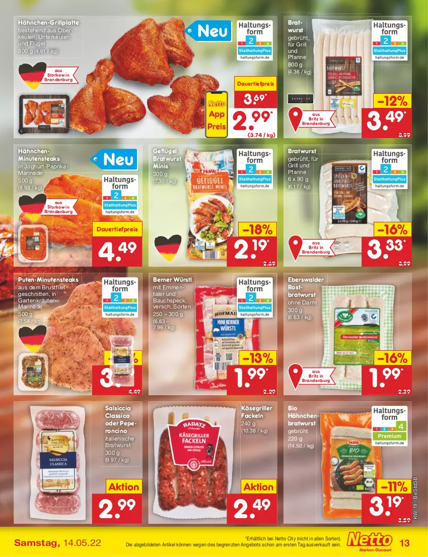 Aktueller Prospekt Netto Marken-Discount - Filial-Angebote - von 09.05 bis 14.05.2022 - strona 13 - produkty: angebot, auer, Bau, bio, bratwurst, brustfilet, cin, dauertiefpreis, eis, emmentaler, filet, für grill und pfanne, Garten, Geflügel, grill, grill und pfanne, grillplatte, joghur, joghurt, Käse, kräuter, latte, marinade, minutensteaks, paprika, pfanne, pute, reis, rostbratwurst, salsiccia, schnitten, Speck, steak, steaks, Ti, tiefpreis, und pfanne, wurst, ZTE