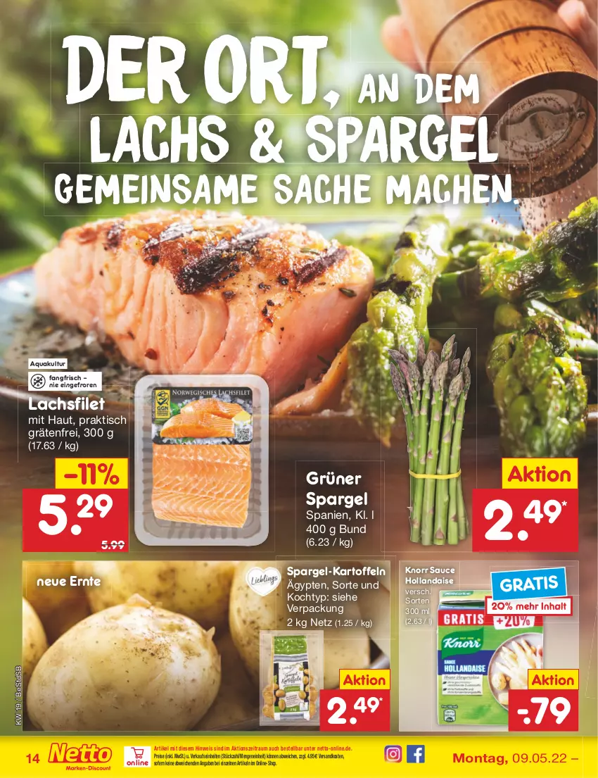 Aktueller Prospekt Netto Marken-Discount - Filial-Angebote - von 09.05 bis 14.05.2022 - strona 14 - produkty: aqua, eis, filet, grüner spargel, hollandaise, kartoffel, kartoffeln, knorr, lachs, lachsfilet, mac, ndk, reis, sac, sauce, sauce hollandaise, spargel, Ti, tisch