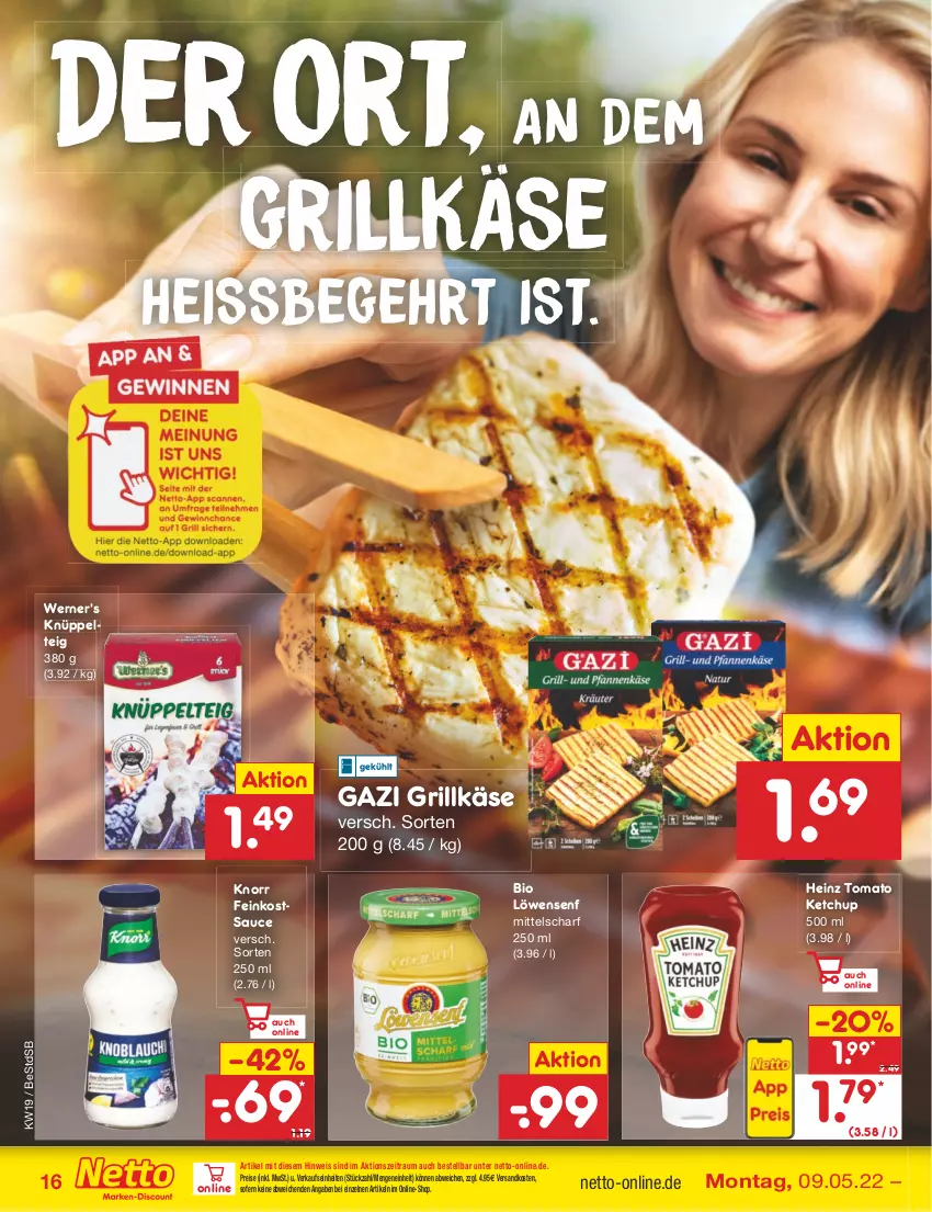 Aktueller Prospekt Netto Marken-Discount - Filial-Angebote - von 09.05 bis 14.05.2022 - strona 16 - produkty: bio, eis, feinkost, grill, Grillkäse, heinz, Käse, ketchup, knorr, löwensenf, ndk, reis, sauce, senf, Ti, tomato ketchup