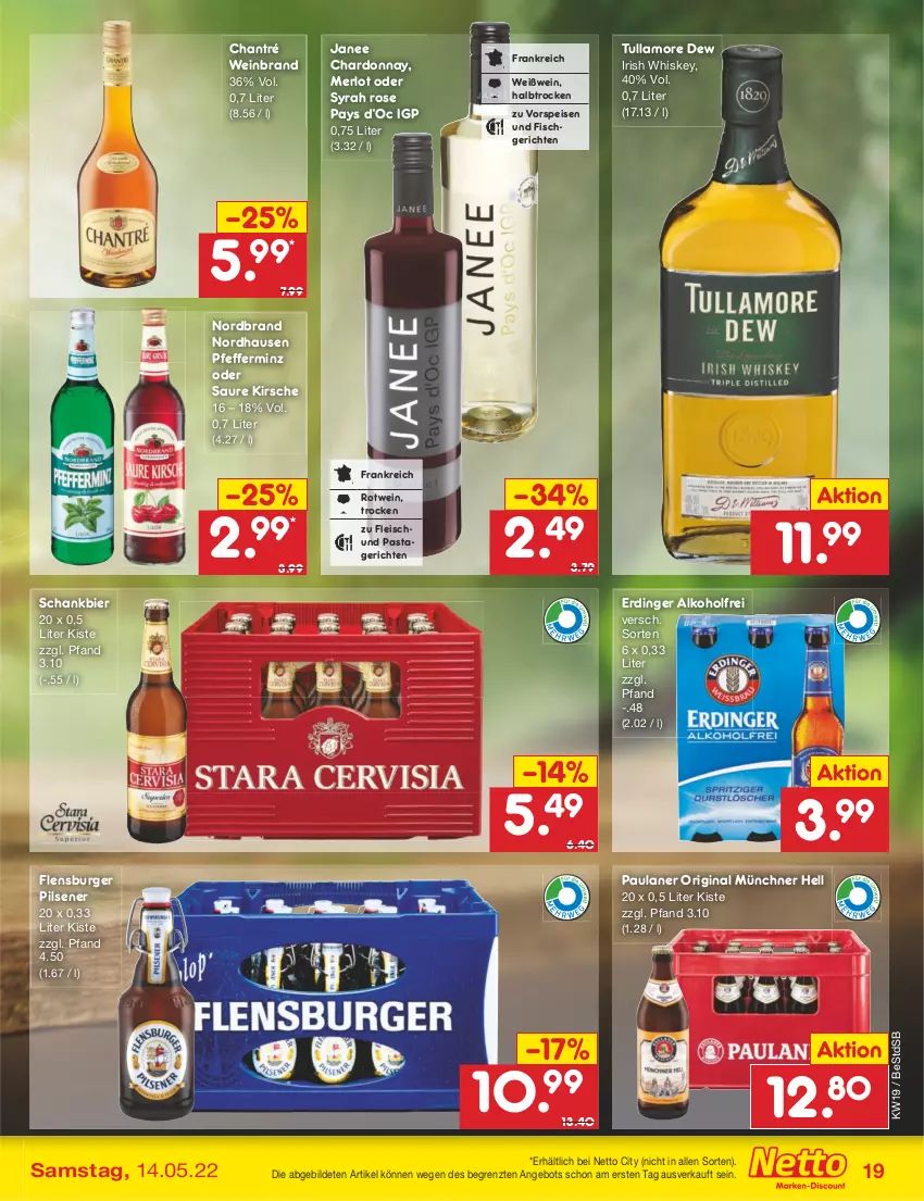 Aktueller Prospekt Netto Marken-Discount - Filial-Angebote - von 09.05 bis 14.05.2022 - strona 19 - produkty: alkohol, angebot, bier, burger, chantré, chardonnay, eis, erdinger, fisch, fleisch, flensburger, gin, irish whiskey, kirsch, kirsche, merl, merlot, nordbrand, pasta, Pastagericht, Paula, paulaner, pfeffer, pils, pilsener, rotwein, Schankbier, Ti, tullamore, tullamore dew, vorspeise, wein, weinbrand, Weißwein, whiskey, ZTE