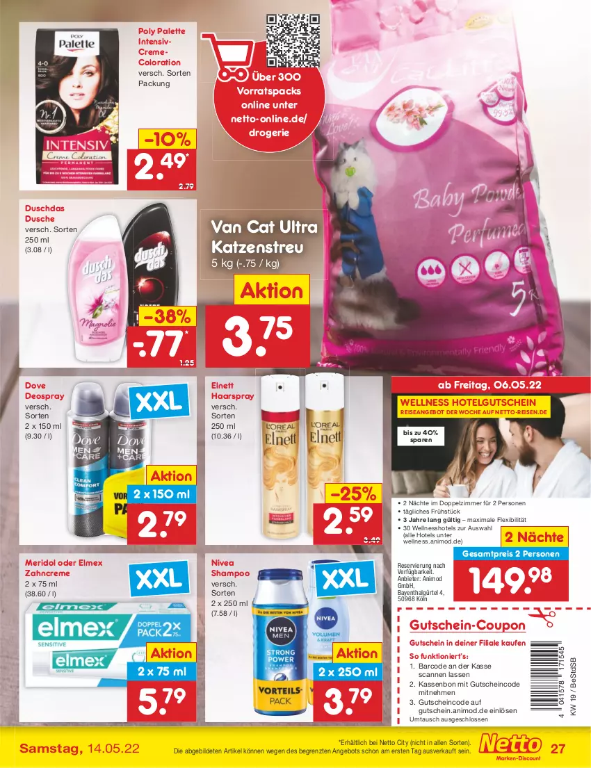 Aktueller Prospekt Netto Marken-Discount - Filial-Angebote - von 09.05 bis 14.05.2022 - strona 27 - produkty: angebot, coupon, creme, deo, deospray, dove, duschdas, dusche, eis, elmex, elnett, gutschein, haarspray, Katzenstreu, LG, meridol, nivea, Palette, reis, shampoo, Ti, zahncreme, ZTE