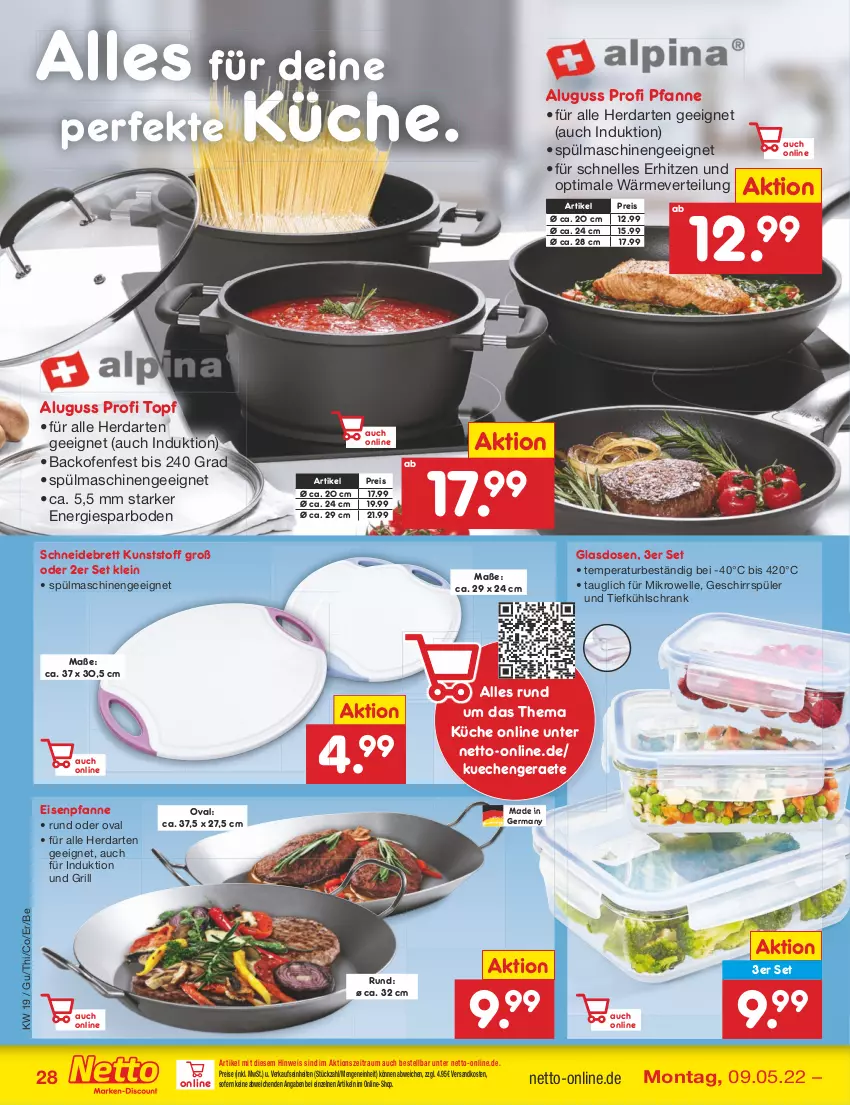 Aktueller Prospekt Netto Marken-Discount - Filial-Angebote - von 09.05 bis 14.05.2022 - strona 28 - produkty: backofen, eis, elle, Germ, geschirr, geschirrspüler, grill, herdarten, küche, kühlschrank, mikrowelle, ndk, Ofen, pfanne, reis, schneidebrett, Schrank, spülmaschinen, Ti, topf