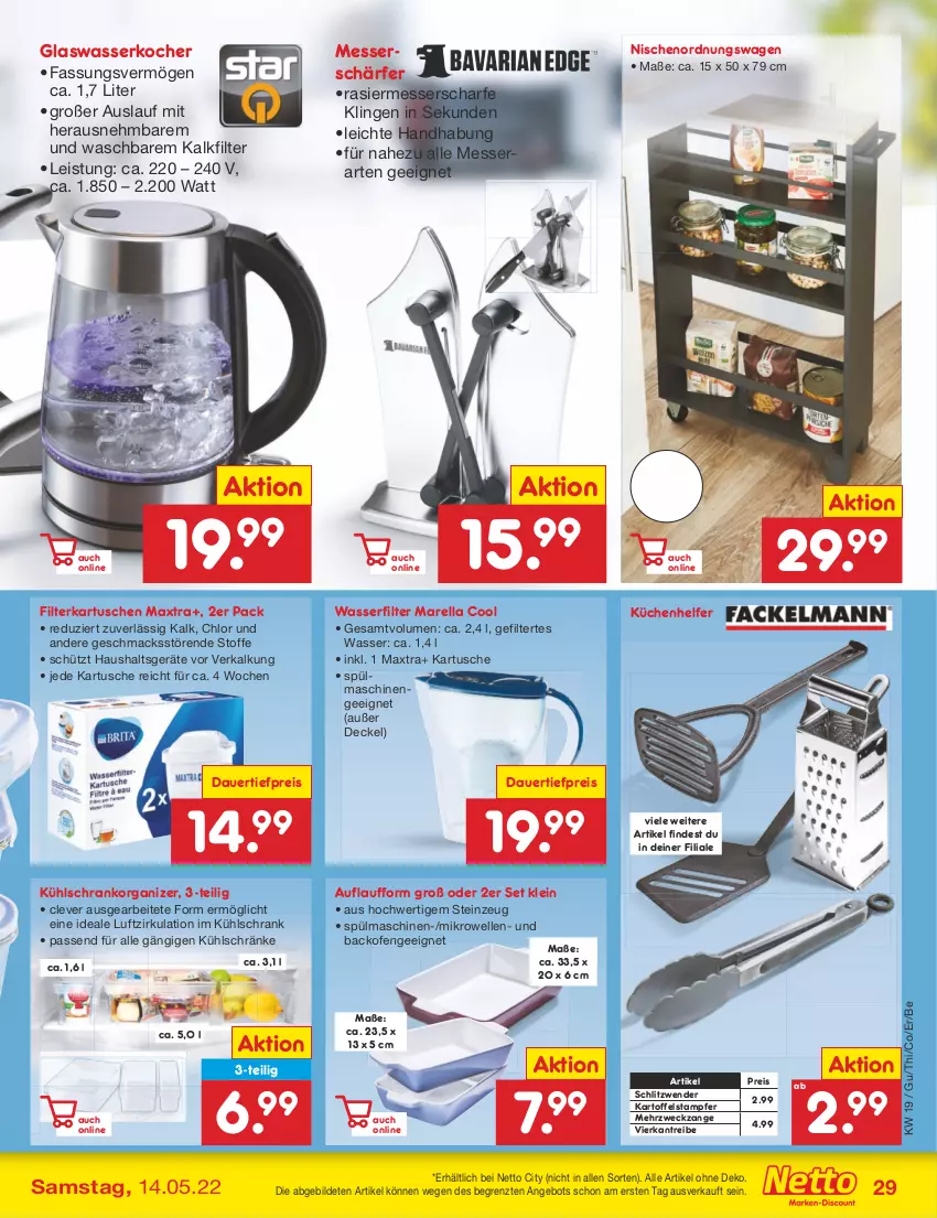 Aktueller Prospekt Netto Marken-Discount - Filial-Angebote - von 09.05 bis 14.05.2022 - strona 29 - produkty: angebot, auer, backofen, dauertiefpreis, decke, Deckel, eis, elle, filterkartuschen, gsw, Haushaltsgeräte, kartoffel, Kocher, küche, Küchen, Küchenhelfer, kühlschrank, mac, Maxtra, messer, mikrowelle, Ofen, passend für alle, reis, rel, Schrank, spülmaschinen, Ti, tiefpreis, wasser, wasserfilter, wasserfilter marella, wasserkocher, weck, ZTE