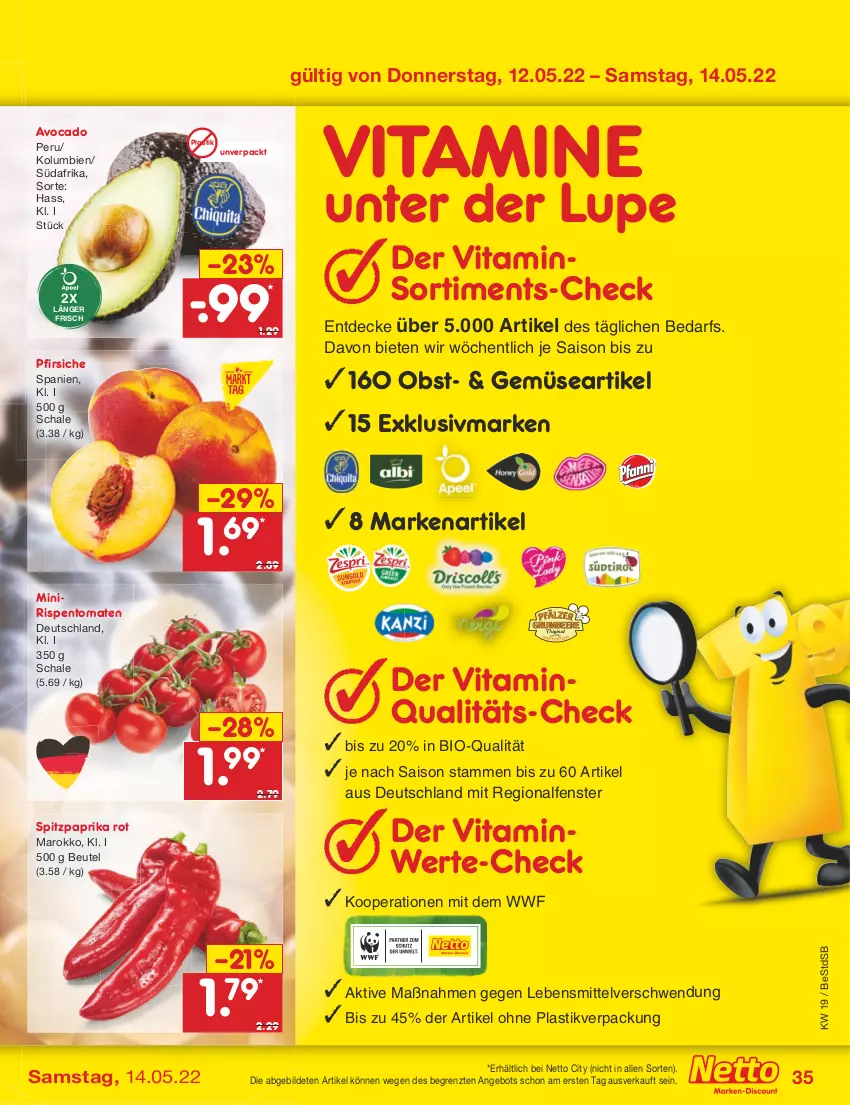 Aktueller Prospekt Netto Marken-Discount - Filial-Angebote - von 09.05 bis 14.05.2022 - strona 35 - produkty: angebot, asti, avocado, beutel, bio, decke, fenster, lebensmittel, obst, paprika, paprika rot, pfirsich, pfirsiche, rispentomaten, Schal, Schale, Spitzpaprika, Ti, tomate, tomaten, vita, Vitamine, ZTE