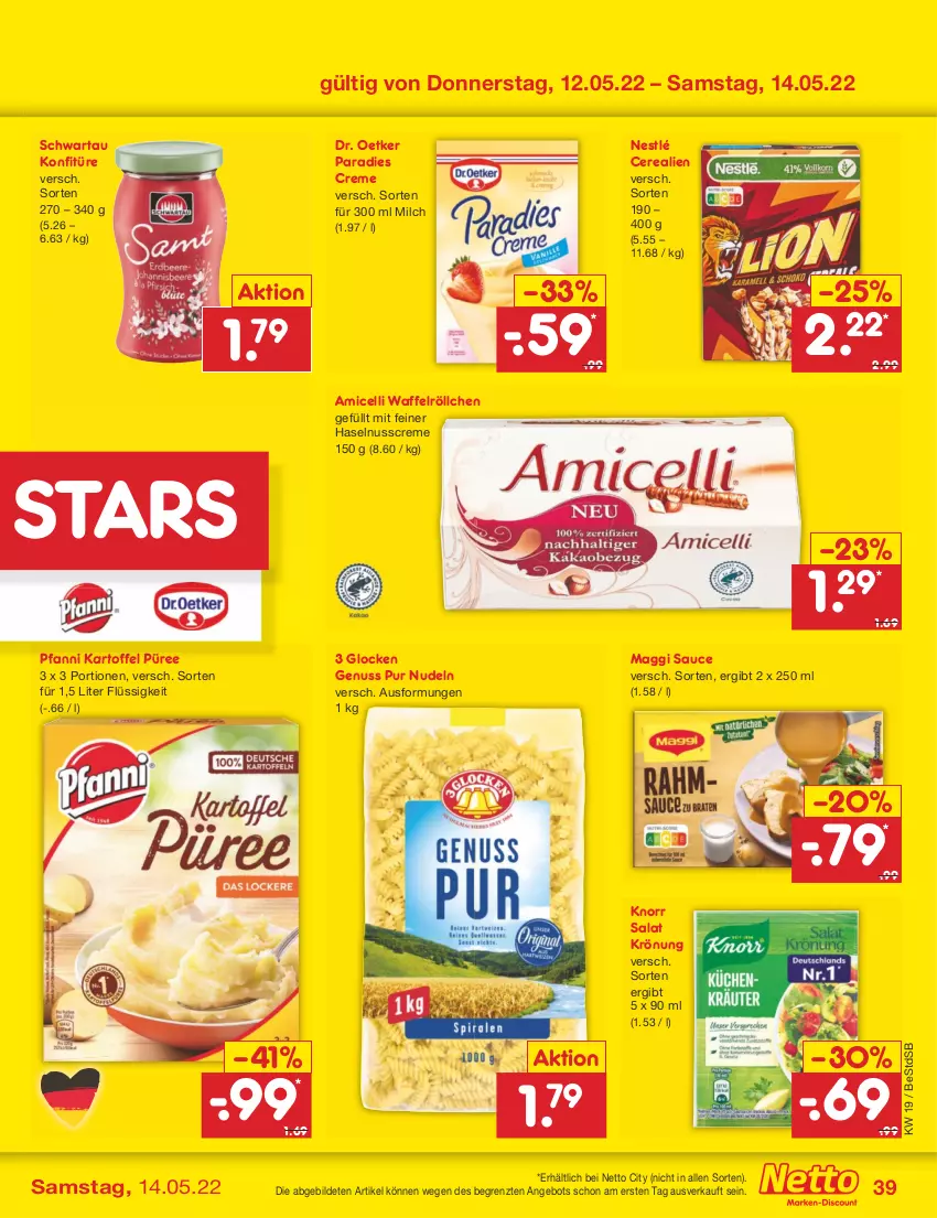 Aktueller Prospekt Netto Marken-Discount - Filial-Angebote - von 09.05 bis 14.05.2022 - strona 39 - produkty: amicelli, angebot, cerealien, creme, Dr. Oetker, haselnuss, Haselnusscreme, kartoffel, knorr, konfitüre, maggi, milch, nestlé, nudel, nudeln, nuss, Paradies Creme, pfanni, püree, salat, sauce, Schwartau, Ti, Waffelröllchen, ZTE