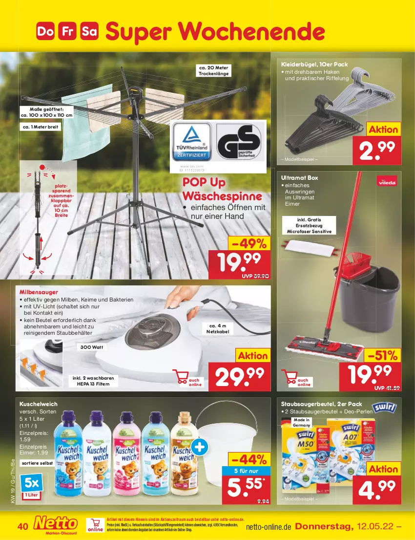 Aktueller Prospekt Netto Marken-Discount - Filial-Angebote - von 09.05 bis 14.05.2022 - strona 40 - produkty: Behälter, beutel, Brei, bügel, dell, deo, eimer, eis, Germ, kleid, kleider, kleiderbügel, Kuschelweich, Mode, ndk, perlen, rama, reis, ring, Schal, staubsauger, staubsaugerbeutel, Ti, Tiere, tisch, wäschespinne