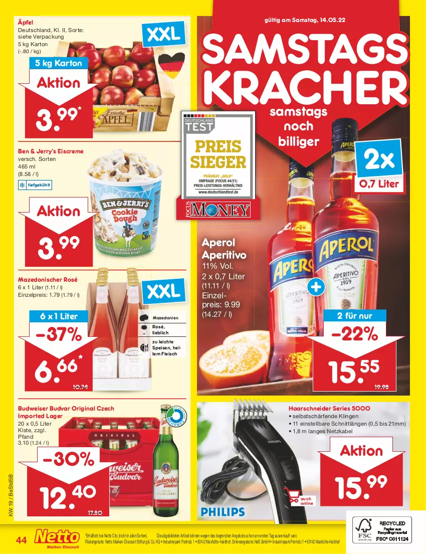 Aktueller Prospekt Netto Marken-Discount - Filial-Angebote - von 09.05 bis 14.05.2022 - strona 44 - produkty: angebot, angebote, aperol, budweiser, creme, discount, eis, eiscreme, elle, fleisch, gin, haarschneider, Holz, kracher, marken-discount, reis, Ti, ZTE