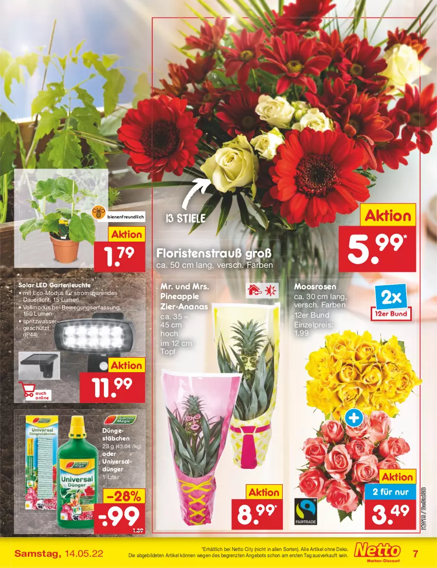 Aktueller Prospekt Netto Marken-Discount - Filial-Angebote - von 09.05 bis 14.05.2022 - strona 7 - produkty: ananas, angebot, Apple, auer, dünger, eis, Garten, Leuchte, reis, rosen, Ti, topf, wasser, ZTE