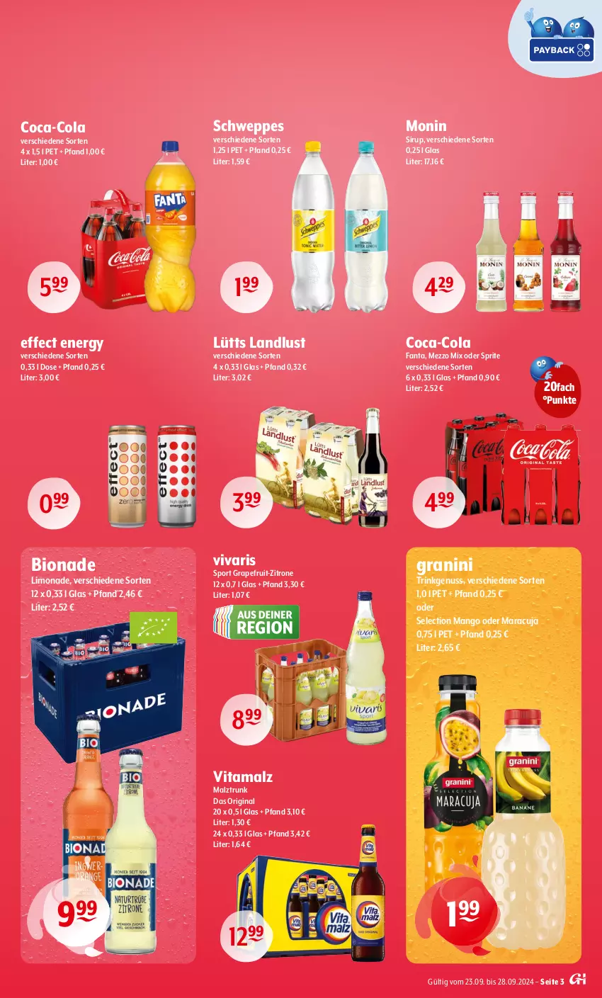 Aktueller Prospekt Getraenke Hoffmann - Prospekte - von 23.09 bis 28.09.2024 - strona 3 - produkty: bio, bionade, coca-cola, cola, Effect, fanta, gin, granini, grapefruit, limo, limonade, malz, mango, maracuja, Mezzo Mix, monin, nuss, oder sprite, schweppes, sirup, Sport, sprite, Ti, vita, vitamalz, Vivaris, zitrone