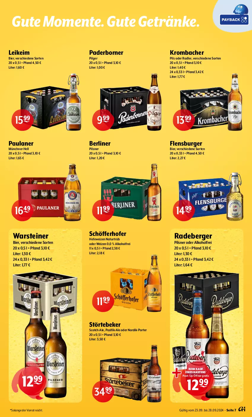 Aktueller Prospekt Getraenke Hoffmann - Prospekte - von 23.09 bis 28.09.2024 - strona 7 - produkty: alkohol, Berger, berliner, bier, burger, ente, flensburger, getränk, getränke, Hefe, hefeweizen, krombache, krombacher, krombacher pils, LG, natur, oder radler, Paula, paulaner, pils, pilsner, Push-up, radeberger, radeberger pilsner, radler, schöfferhofer, scotch, steiner, störtebeker, Ti, warsteiner