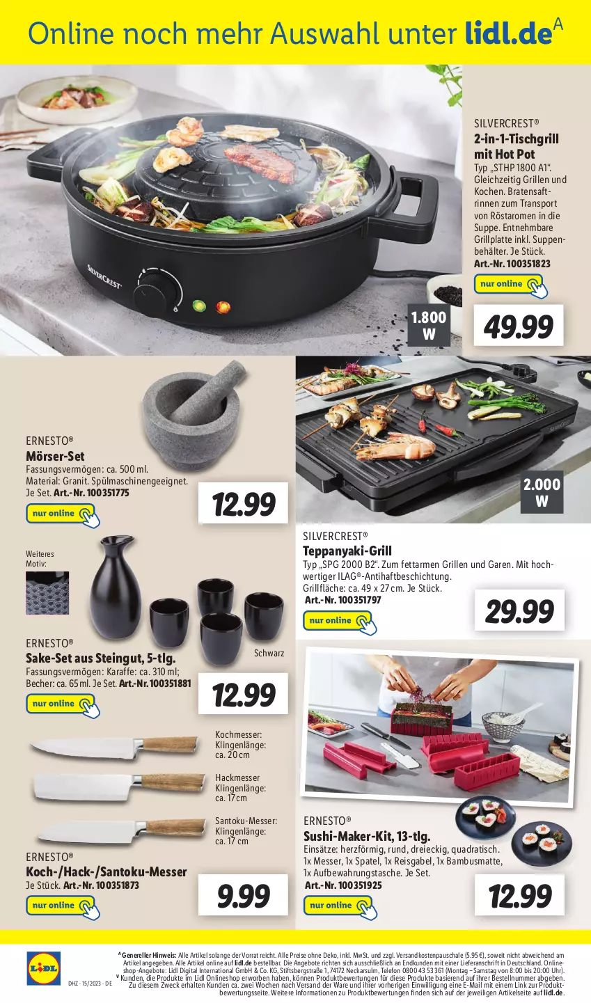 Aktueller Prospekt Lidl - Wochen-Highlights im Onlineshop - von 10.04 bis 16.04.2023 - strona 4 - produkty: angebot, angebote, aufbewahrungstasche, bambus, Becher, Behälter, braten, eis, elle, ernesto, gabel, grill, grillfläche, grillplatte, HP, ilag, Karaffe, latte, LG, messer, ndk, quad, reis, rel, Ria, saft, Schal, Schale, silvercrest, Sport, spülmaschinen, suppe, suppen, Sushi, Tasche, telefon, Ti, tisch, tischgrill, uhr, weck