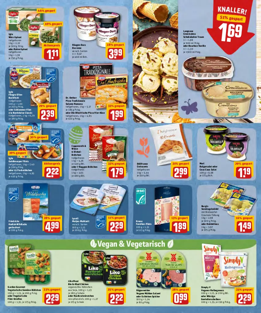 Aktueller Prospekt Rewe - REWE Ihr Kaufpark - von 11.04 bis 16.04.2022 - strona 10 - produkty: à la bordelaise, aktionspreis, backfisch, bio, bordelaise, bourbon, bourbon vanille, brot, brötchen, bulgur, coppenrath, Cous Cous, creme, cremissimo, Croissant, croissants, croutons, die ofenfrische, dinkelbrötchen, Dr. Oetker, eis, eiscreme, elle, filegro, filet, filets, fisch, fischstäbchen, forelle, garden gourmet, grill, häagen-dazs, iglo, Käse, Knödel, krone, lachs, langnese, langnese cremissimo, LG, Like Meat, lysell, matjes, merl, nuss, Ofen, pizza, pizza tradizionale, rahm-spinat, reifen, reis, rel, rügenwalder, salame romano, salami, salat, Schal, Schale, schinken, schinken spicker, schoko, schokolade, schokoladen, sim, soja, spinat, Ti, tradizionale, vanille, Vegeta, Wild, wildlachs, würfel, würstchen