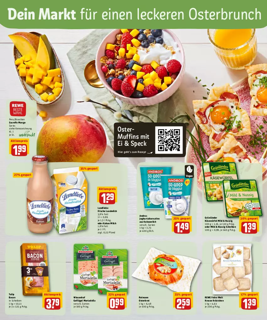 Aktueller Prospekt Rewe - REWE Ihr Kaufpark - von 11.04 bis 16.04.2022 - strona 14 - produkty: aktionspreis, bacon, brot, dell, eis, Geflügel, grünländer, joghur, joghurt, kakao, Käse, kokos, kokosmilch, landliebe, landmilch, mango, milch, mortadella, Muffin, muffins, nuss, reis, rewe feine welt, rezept, Speck, Ti, tulip, wiesenhof, würfel