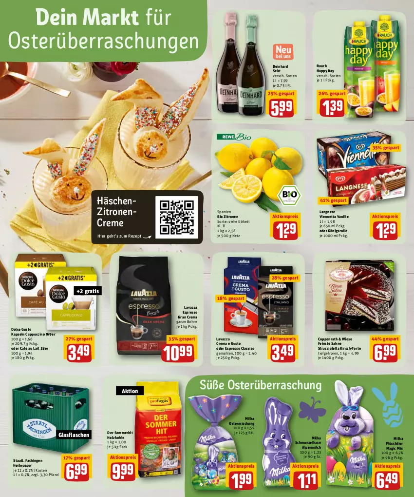 Aktueller Prospekt Rewe - REWE Ihr Kaufpark - von 11.04 bis 16.04.2022 - strona 18 - produkty: ACC, aktionspreis, alpenmilch, bio, bohne, café au lait, Cap, cappuccino, cin, classico, coppenrath, creme, dolce gusto, eis, espresso, flasche, glasflasche, Happy Day, Holz, holzkohle, kirsch, langnese, lavazza, milch, milka, oder espresso, Plüsch, Rauch, reis, rezept, sac, sahne, sekt, Staatl. Fachingen, Ti, torte, vanille, viennetta, wasser, zitrone, zitronen