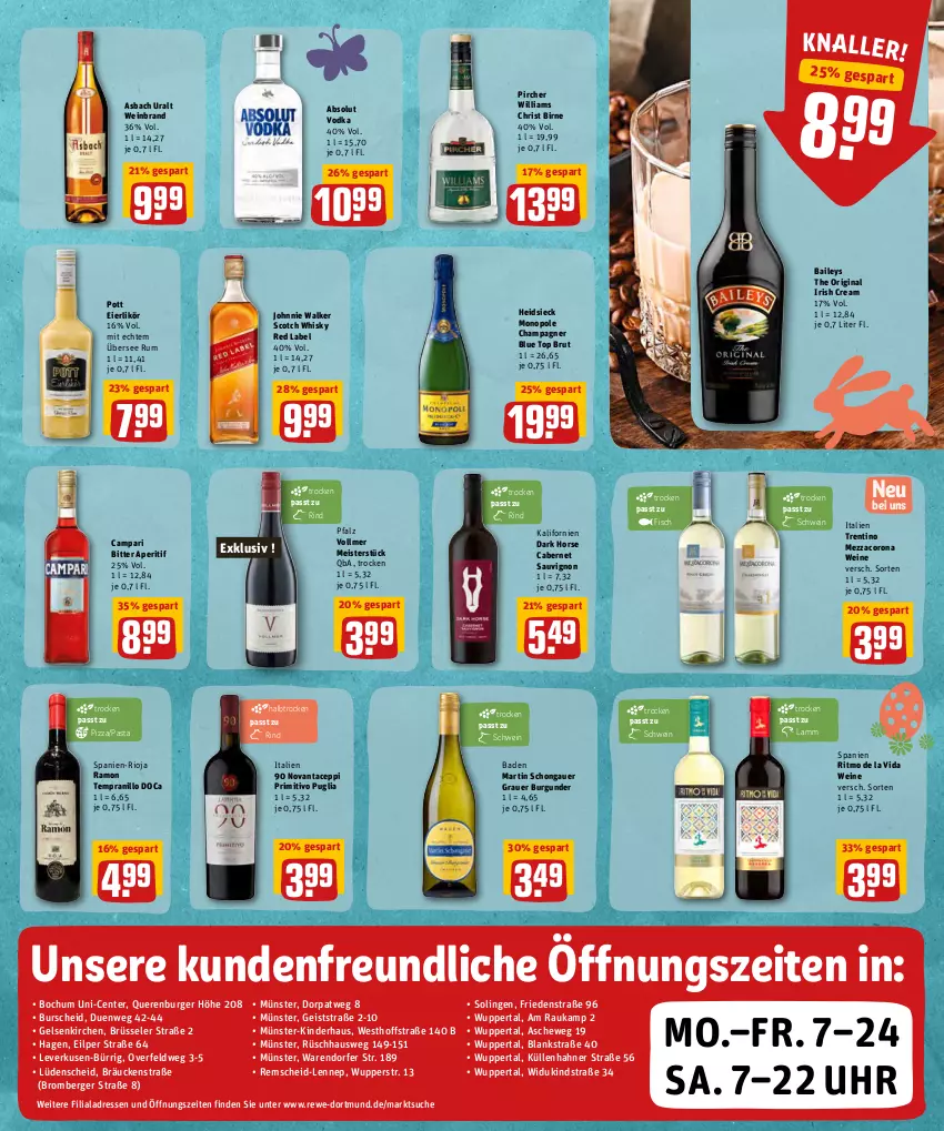 Aktueller Prospekt Rewe - REWE Ihr Kaufpark - von 11.04 bis 16.04.2022 - strona 19 - produkty: Absolut Vodka, aperitif, asbach uralt, auer, Bad, baileys, Berger, brut, burger, burgunder, cabernet, cabernet sauvignon, campari, champagne, champagner, corona, eier, eierlikör, eis, ente, fisch, gin, grauer burgunder, irish cream, johnnie walker, Kinder, lamm, likör, Meister, mezzacorona, pasta, pircher, pizza, primitivo, rind, rioja, rum, sauvignon, schwein, scotch, scotch whisky, tempranillo, Ti, uhr, vodka, wein, weinbrand, weine, whisky