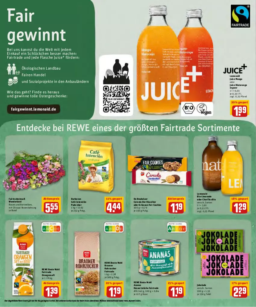 Aktueller Prospekt Rewe - REWE Ihr Kaufpark - von 11.04 bis 16.04.2022 - strona 20 - produkty: aktionspreis, alpro, ananas, Bau, bio, Blutorange, braun, cookie, cookies, darbo, darboven, de beukelaer, decke, dessert, desserts, eis, ente, flasche, griesson, ingwer, limo, limonade, mac, mango, orange, orangen, orangensaft, reis, rewe beste wahl, rohrzucker, rosen, saft, Ti, zucker