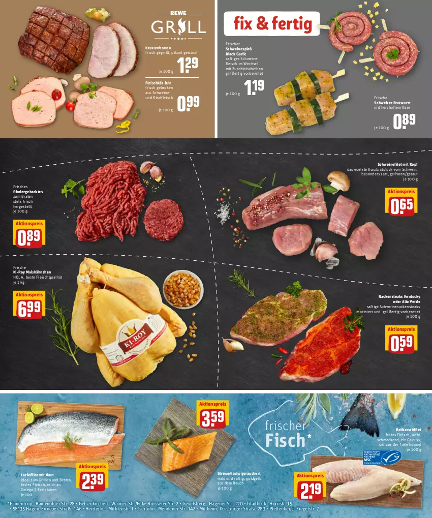 Aktueller Prospekt Rewe - REWE Ihr Kaufpark - von 11.04 bis 16.04.2022 - strona 4 - produkty: aktionspreis, braten, bratwurst, burger, decke, eis, erde, filet, fisch, fleisch, geback, gewürz, grill, ideal zum grillen, Käse, krustenbraten, lachs, lachsfilet, lack, mais, Nackensteak, nackensteaks, nuss, omega, Omega-3, Rauch, reis, rind, rinder, rindfleisch, Rotbarsch, rotbarschfilet, saft, schwein, schweine, schweinefilet, schweinefleisch, schweinenacken, steak, steaks, Ti, tuc, Wanne, wein, weine, wurst, zucchini