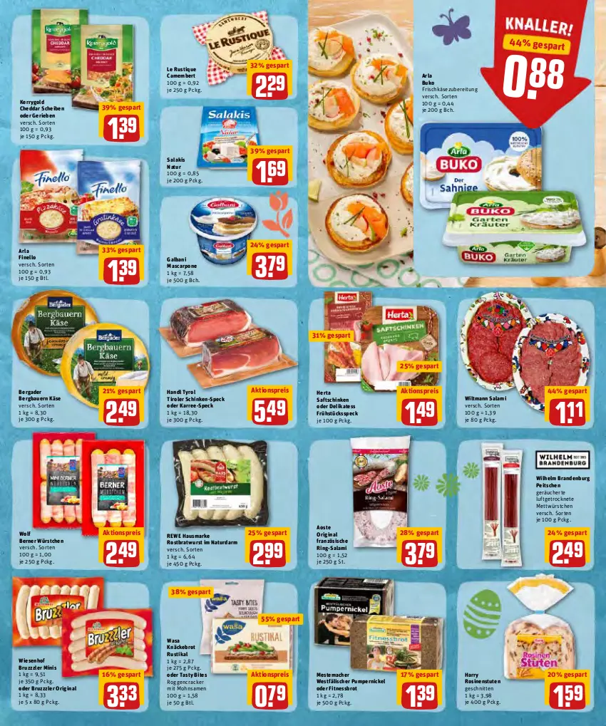 Aktueller Prospekt Rewe - REWE Ihr Kaufpark - von 11.04 bis 16.04.2022 - strona 8 - produkty: aktionspreis, arla, arla buko, auer, Bau, Bauer, bergader, bites, bratwurst, brot, bruzzzler, Buko, camembert, cheddar, cracker, eis, finello, frischkäse, frischkäsezubereitung, Frühstücksspeck, galbani, gin, hausmarke, herta, Käse, kerrygold, knäckebrot, Le Rustique, mac, mascarpone, mestemacher, Mett, natur, Pumpernickel, reis, rewe hausmarke, ring, rostbratwurst, saft, saftschinken, salakis, salami, schinken, schnitten, Speck, Ti, wasa, wiesenhof, wiltmann, wurst, würstchen