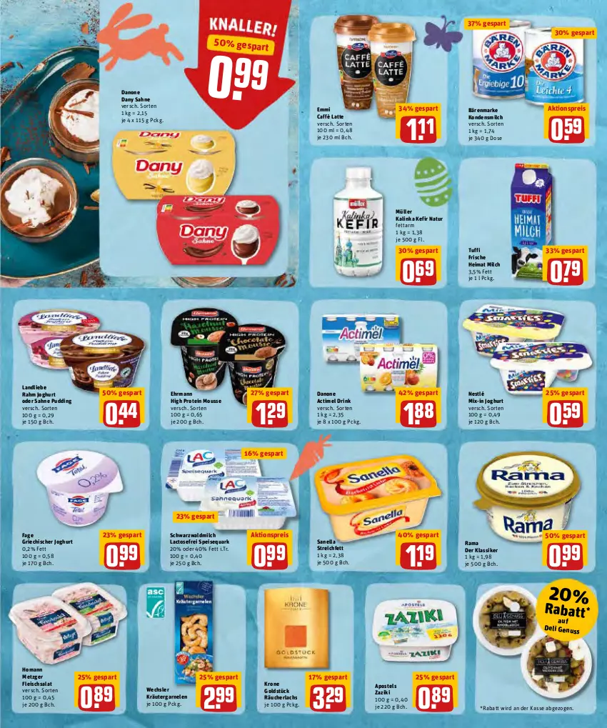 Aktueller Prospekt Rewe - REWE Ihr Kaufpark - von 11.04 bis 16.04.2022 - strona 9 - produkty: actimel, actimel drink, aktionspreis, apostels, bärenmarke, caffè latte, danone, danone actimel drink, Dany, dany sahne, drink, ehrmann, eis, emmi, fleisch, fleischsalat, garnelen, Griechischer Joghurt, homann, joghur, joghurt, Kefir, kondensmilch, kräuter, krone, lachs, landliebe, latte, milch, mousse, Müller, natur, nestlé, pudding, quark, rama, Räucherlachs, reis, sahne, salat, speisequark, Ti, zaziki