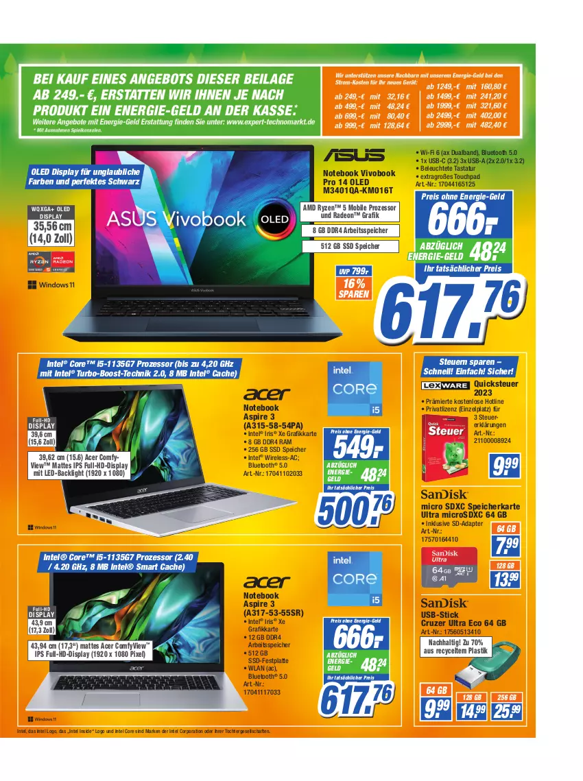 Aktueller Prospekt Expert Technomarkt - Prospekte - von 01.03 bis 07.03.2023 - strona 5 - produkty: acer, adapter, angebot, angebote, asti, deo, eis, festplatte, HP, ilag, Intel, latte, Leuchte, microsd, microsdxc, notebook, radeon, reis, rel, ryzen, speicherkarte, Spielkonsole, ssd, Tastatur, Ti, usb, VivoBook