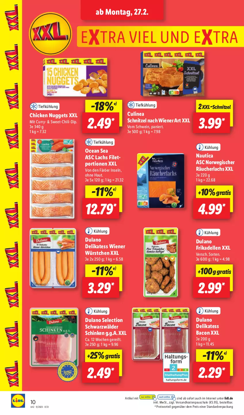 Aktueller Prospekt Lidl - Aktionsprospekt - von 27.02 bis 04.03.2023 - strona 12 - produkty: bacon, chicken nuggets, chili, curry, dell, dip, dulano, eis, elle, filet, frikadellen, lachs, ndk, nuggets, preisvorteil, Räucherlachs, reis, rwe, Schal, Schale, schinken, schnitzel, schwarzwälder schinken, schwein, Ti, wein, wiener, wiener würstchen, würstchen