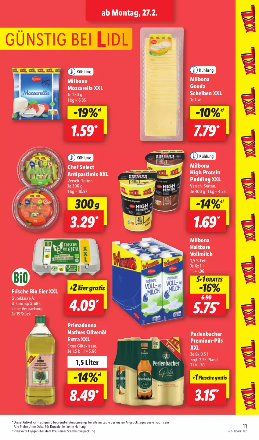 Aktueller Prospekt Lidl - Aktionsprospekt - von 27.02 bis 04.03.2023 - strona 13 - produkty: angebot, antipasti, asti, bio, Bona, eier, eis, flasche, gouda, Milbona, milch, mozzarella, natives olivenöl, olive, oliven, olivenöl, olivenöl extra, perlen, pils, preisvorteil, pudding, reis, rel, Ti, vollmilch, ZTE