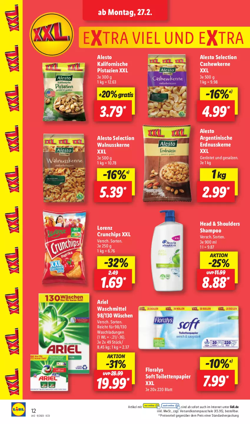 Aktueller Prospekt Lidl - Aktionsprospekt - von 27.02 bis 04.03.2023 - strona 14 - produkty: alesto, ariel, ariel waschmittel, Cashew, cashewkerne, chips, crunchips, eis, erdnuss, Floralys, lorenz, lorenz crunchips, ndk, nuss, papier, pistazien, preisvorteil, reis, salz, Schal, Schale, shampoo, Ti, toilettenpapier, walnuss, walnusskerne, waschmittel