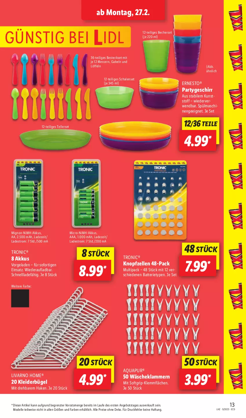 Aktueller Prospekt Lidl - Aktionsprospekt - von 27.02 bis 04.03.2023 - strona 15 - produkty: akku, angebot, aqua, AquaPur, batterie, Becher, besteck, besteckset, bügel, dell, eis, elle, ernesto, gabel, geschirr, Klammern, kleid, kleider, kleiderbügel, lamm, Löffel, messer, Mode, NiMH-Akkus, reis, rwe, Schal, Schale, teller, Ti, ZTE