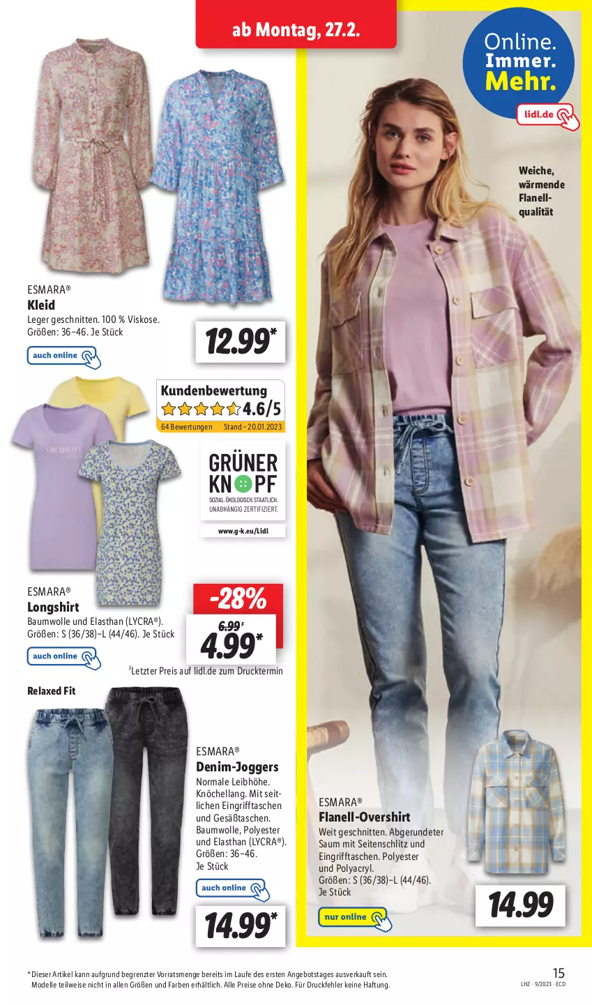 Aktueller Prospekt Lidl - Aktionsprospekt - von 27.02 bis 04.03.2023 - strona 17 - produkty: angebot, axe, Bau, baumwolle, dell, eis, elle, esmara, hella, kleid, Mode, reis, rel, schnitten, shirt, Tasche, taschen, Ti, wolle, ZTE