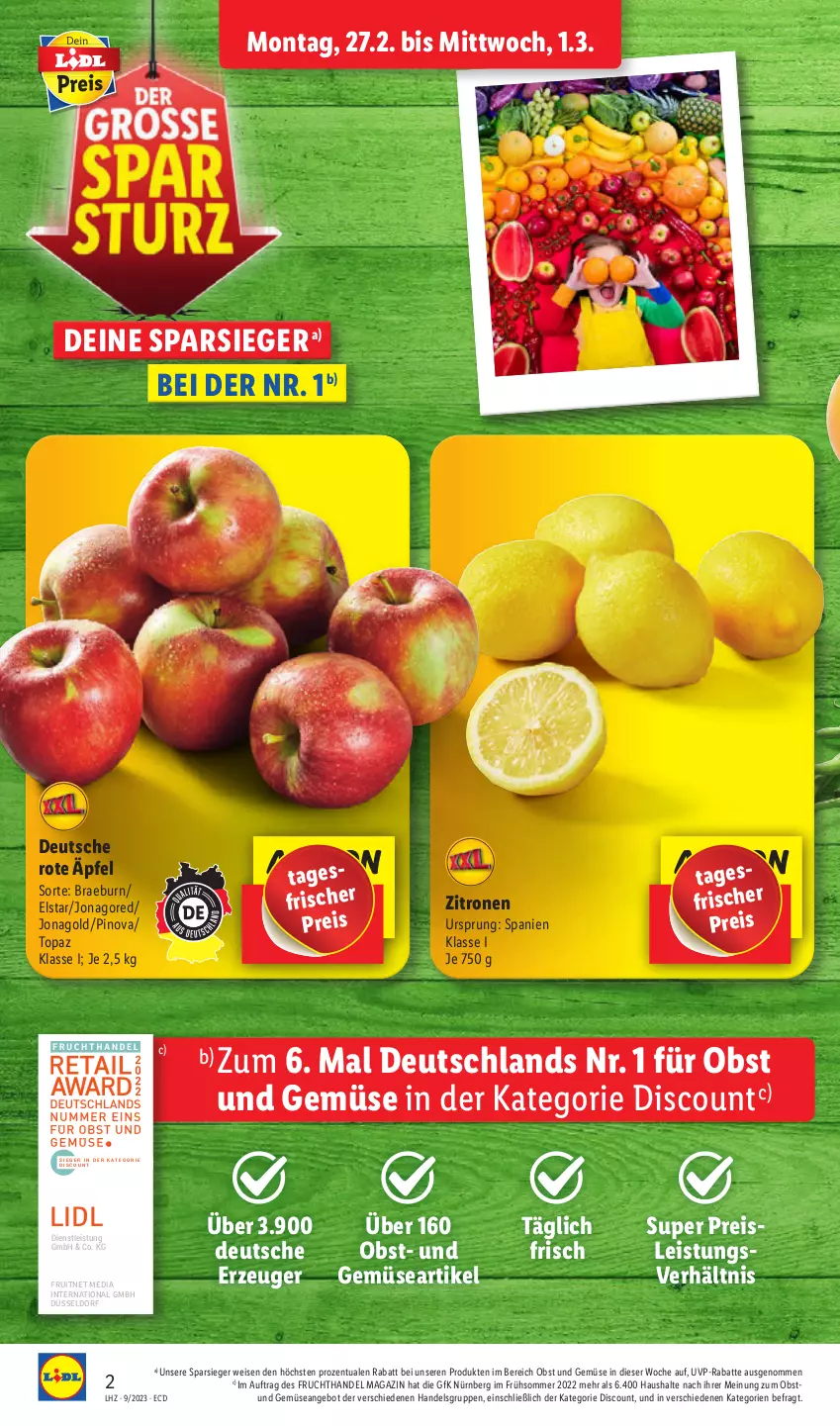 Aktueller Prospekt Lidl - Aktionsprospekt - von 27.02 bis 04.03.2023 - strona 2 - produkty: angebot, discount, eis, ente, frucht, jonagored, magazin, obst, Obst und Gemüse, reis, Ti, und gemüse, zitrone, zitronen