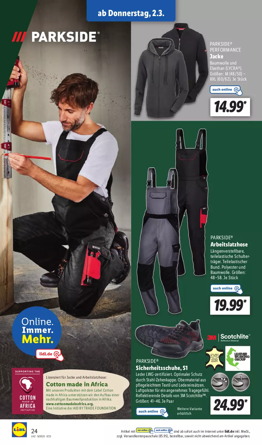 Aktueller Prospekt Lidl - Aktionsprospekt - von 27.02 bis 04.03.2023 - strona 26 - produkty: asti, Bau, baumwolle, hose, Jacke, Latzhose, ndk, Parkside, Ria, Schal, Schale, schuhe, scotch, Ti, Tiere, tisch, wolle