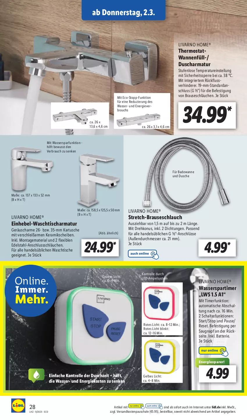 Aktueller Prospekt Lidl - Aktionsprospekt - von 27.02 bis 04.03.2023 - strona 30 - produkty: armatur, auto, Bad, Badewanne, batterie, brause, brauseschlauch, dusche, edelstahl, messer, ndk, passend für alle, Rauch, Ria, Schal, Schale, schlauch, schläuche, thermostat, Ti, timer, tisch, Wanne, waschtisch, waschtischarmatur, wasser