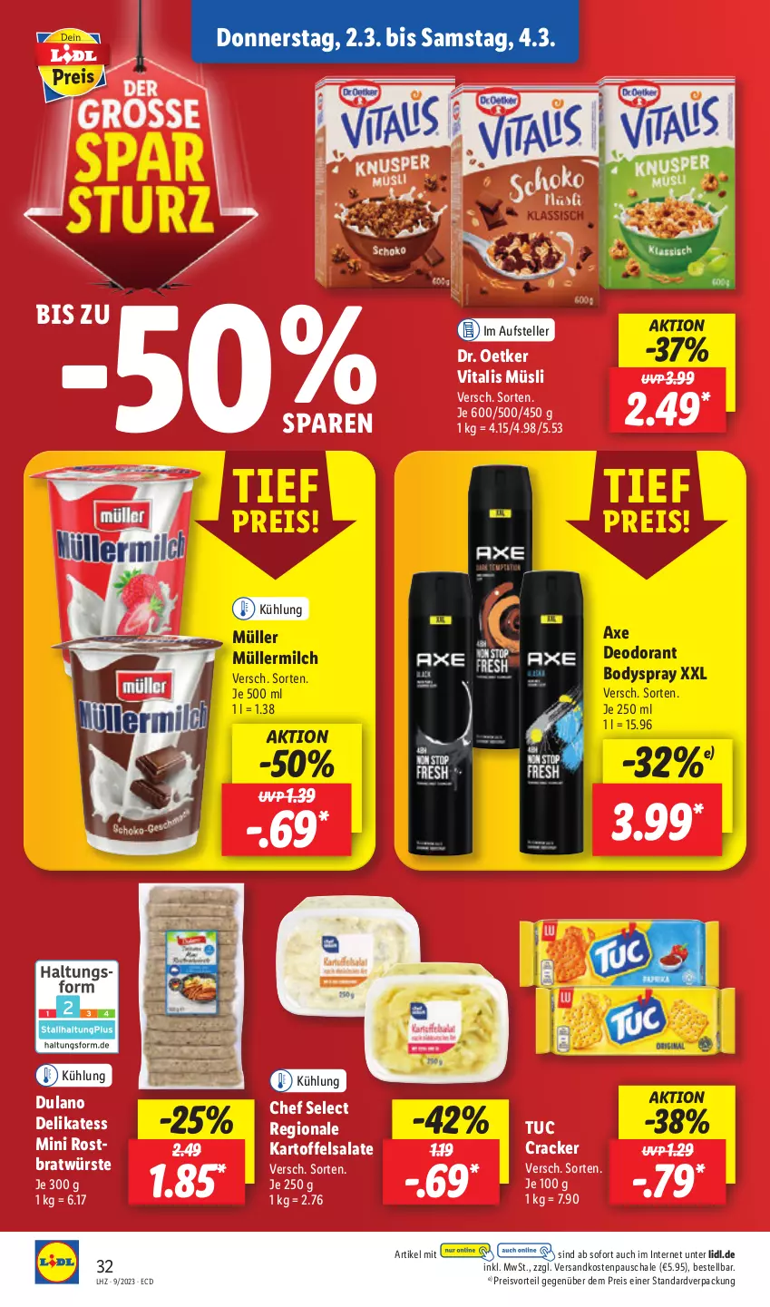 Aktueller Prospekt Lidl - Aktionsprospekt - von 27.02 bis 04.03.2023 - strona 34 - produkty: axe, body, bodyspray, cracker, deo, deodorant, Dr. Oetker, dulano, eis, elle, kartoffel, kartoffelsalat, milch, Müller, müllermilch, müsli, ndk, preisvorteil, reis, salat, salate, Schal, Schale, teller, Ti, tuc, vita, vitalis, vitalis müsli