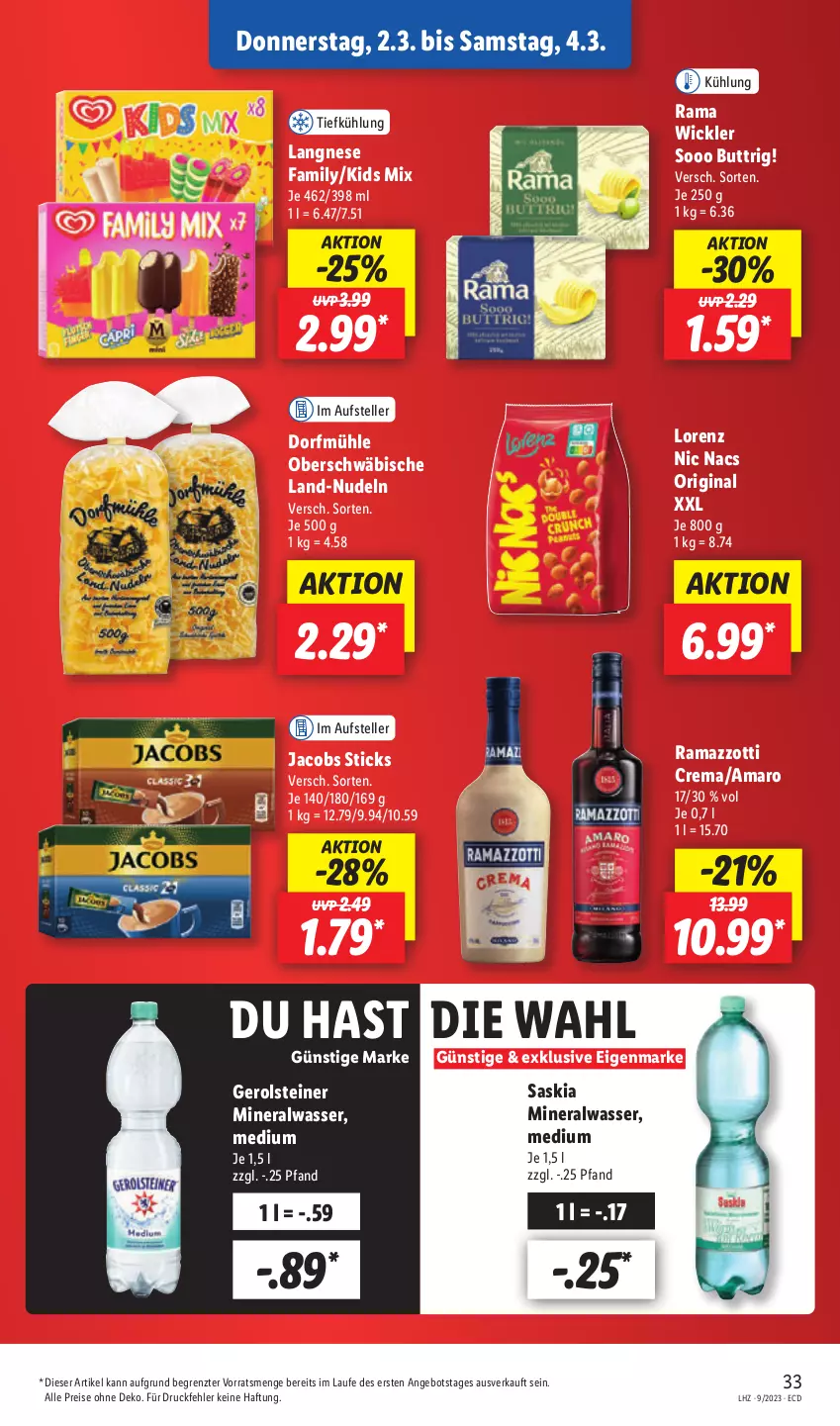 Aktueller Prospekt Lidl - Aktionsprospekt - von 27.02 bis 04.03.2023 - strona 35 - produkty: Alwa, amaro, angebot, eis, elle, gerolsteine, gerolsteiner, gin, jacobs, langnese, lorenz, mineralwasser, nudel, nudeln, rama, ramazzott, ramazzotti, reis, steiner, teller, Ti, wasser, WICK, zott, ZTE