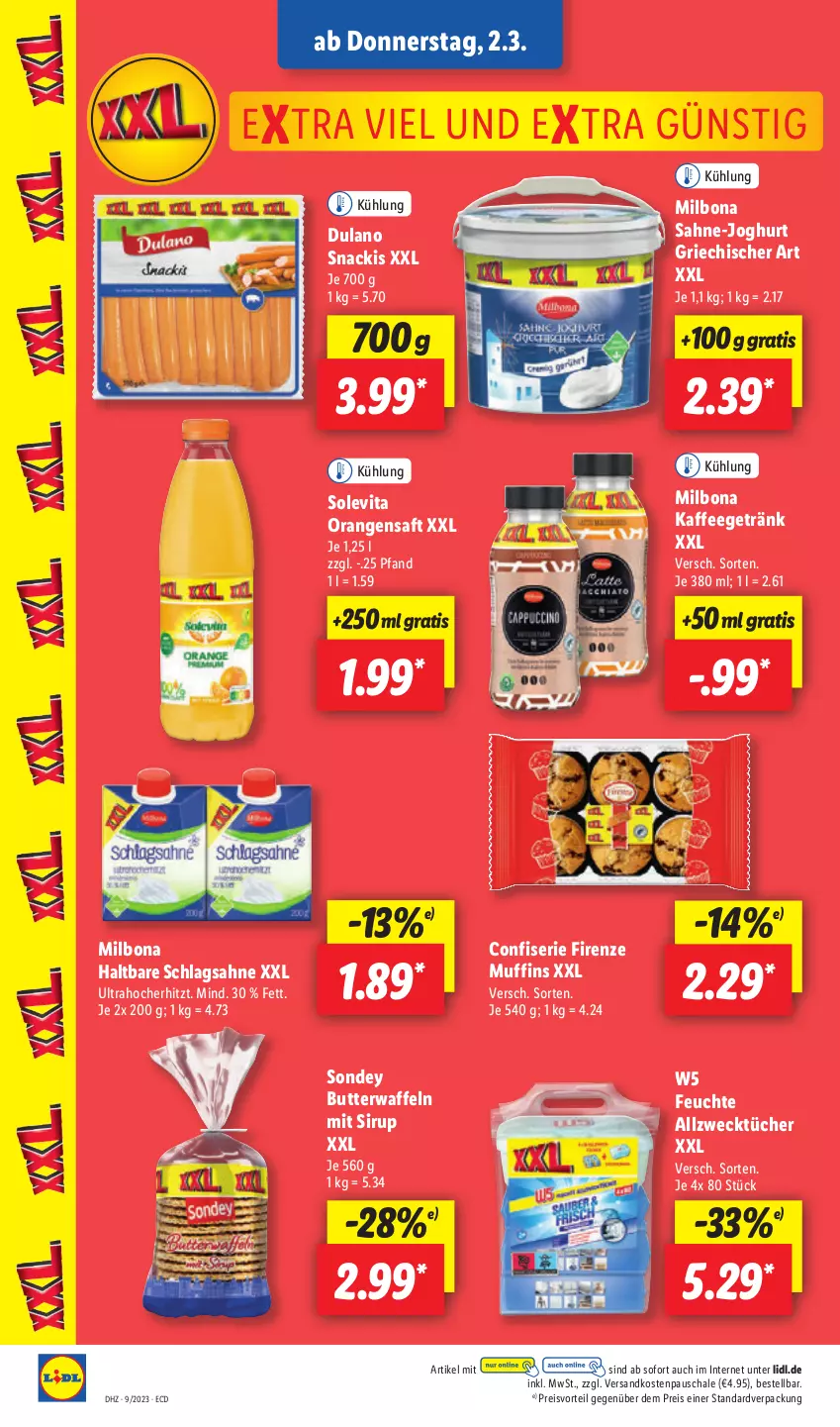 Aktueller Prospekt Lidl - Aktionsprospekt - von 27.02 bis 04.03.2023 - strona 38 - produkty: Allzwecktücher, Bona, butter, dulano, eis, getränk, joghur, joghurt, kaffee, Milbona, Muffin, muffins, ndk, orange, orangen, orangensaft, preisvorteil, reis, saft, sahne, Schal, Schale, schlagsahne, sirup, snack, Sondey, Ti, tücher, vita, waffeln, weck