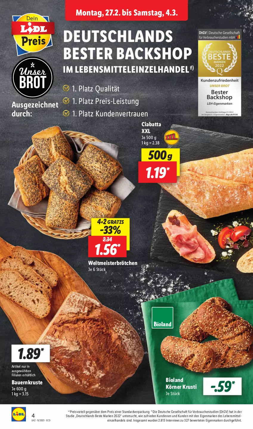 Aktueller Prospekt Lidl - Aktionsprospekt - von 27.02 bis 04.03.2023 - strona 4 - produkty: auer, Bau, Bauer, bio, bioland, brot, brötchen, ciabatta, eis, lebensmittel, Meister, preisvorteil, Rauch, reis, Ti