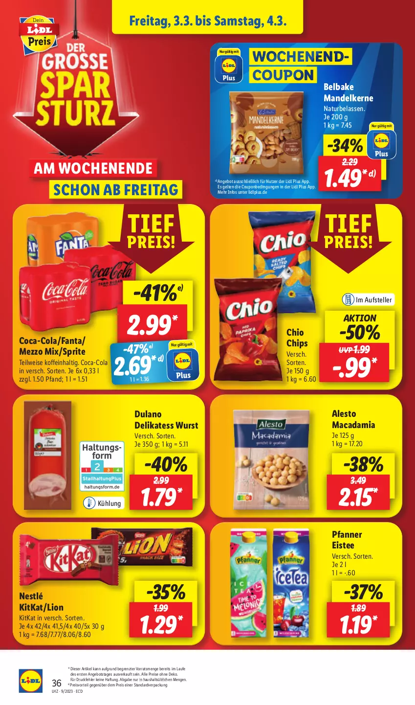 Aktueller Prospekt Lidl - Aktionsprospekt - von 27.02 bis 04.03.2023 - strona 42 - produkty: alesto, angebot, chio chips, chips, coca-cola, cola, coupon, drucker, dulano, eis, eistee, elle, Engel, fanta, kerze, kitkat, lion, mac, macadamia, mandel, Mezzo Mix, natur, nestlé, papier, pfanne, Pfanner, preisvorteil, reis, sprite, tee, teller, Ti, wurst, ZTE