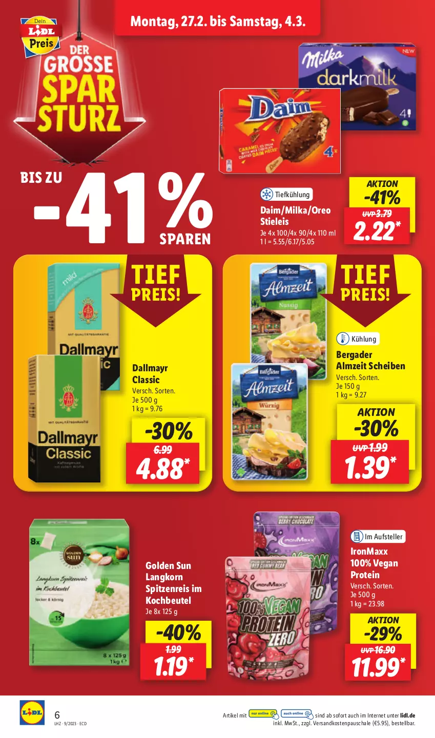 Aktueller Prospekt Lidl - Aktionsprospekt - von 27.02 bis 04.03.2023 - strona 6 - produkty: bergader, beutel, daim, dallmayr, eis, elle, kochbeutel, korn, milka, ndk, oreo, reis, Schal, Schale, stieleis, teller, Ti