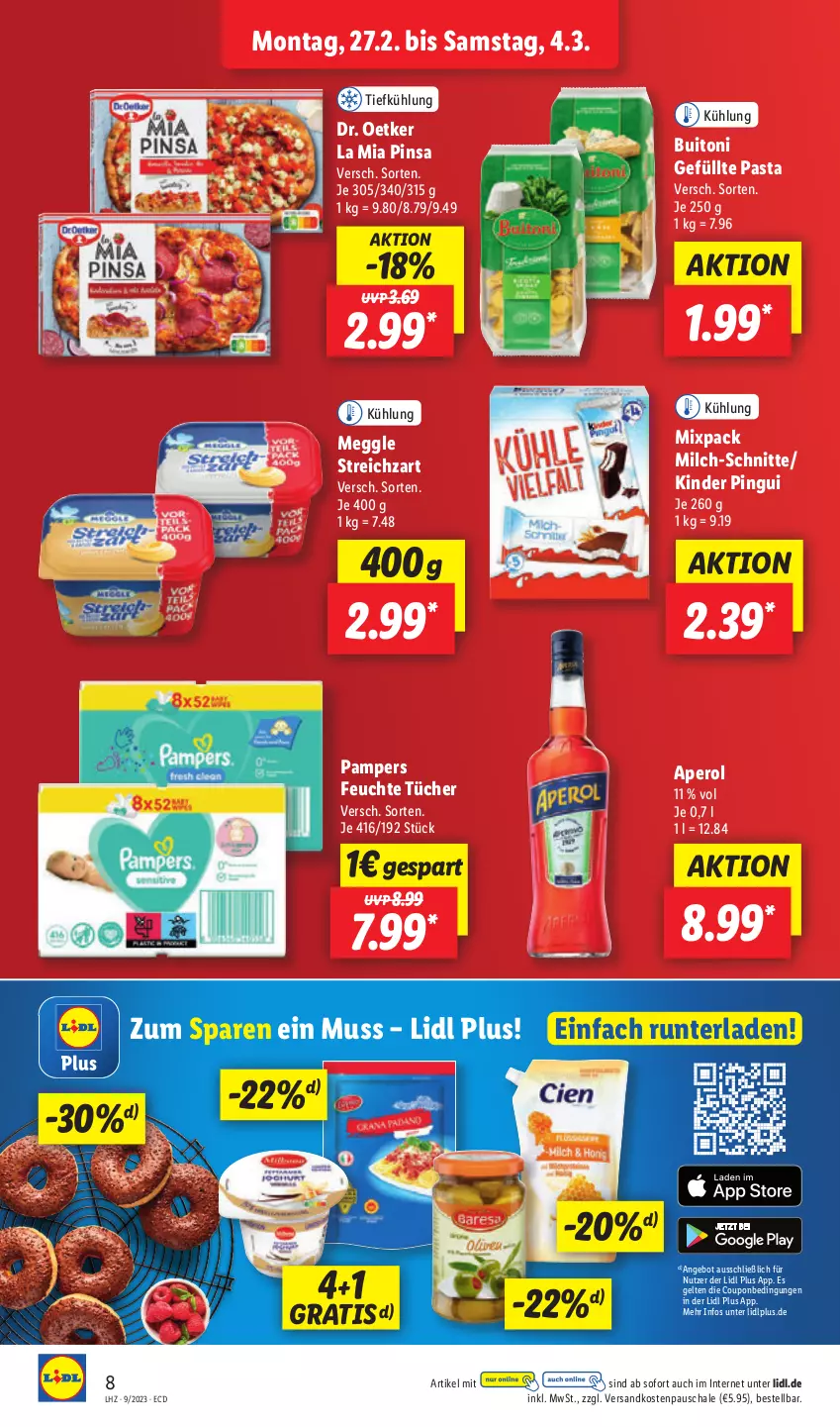 Aktueller Prospekt Lidl - Aktionsprospekt - von 27.02 bis 04.03.2023 - strona 8 - produkty: angebot, aperol, buitoni, coupon, Dr. Oetker, feuchte tücher, Kinder, kinder pingui, meggle, milch, milch-schnitte, ndk, pampers, pasta, pingui, Schal, Schale, Streichzart, Ti, tücher