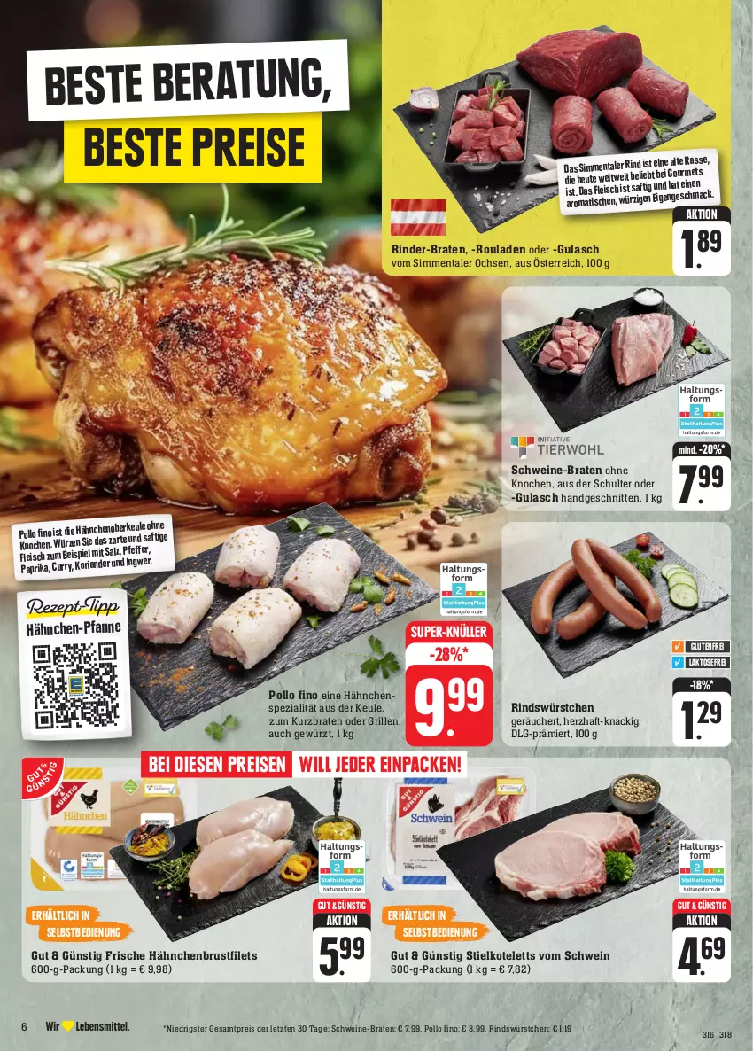 Aktueller Prospekt E Center - Angebote der Woche - von 25.09 bis 30.09.2023 - strona 10 - produkty: braten, brustfilet, curry, eis, filet, filets, fleisch, Frische Hähnchen, gewürz, grill, gulasch, hähnchenbrust, hähnchenbrustfilet, Heu, ingwer, kotelett, LG, mac, paprika, pfanne, pfeffer, Pollo Fino, reis, rind, rinder, rouladen, saft, salz, schnitten, schwein, schweine, sim, Spezi, super-knüller, Ti, tisch, wein, weine, würstchen, ZTE