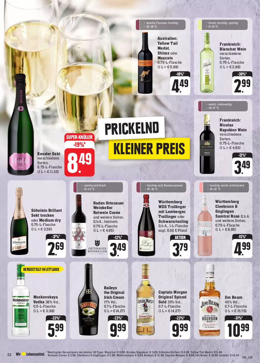 Aktueller Prospekt E Center - Angebote der Woche - von 25.09 bis 30.09.2023 - strona 27 - produkty: auer, aust, Bad, baileys, beere, beeren, Berger, brillant sekt, Cap, captain morgan, cola, cuvée, eis, elle, flasche, frucht, gin, irish cream, jim beam, leine, merl, merlot, moskovskaya, original spiced gold, ortenauer, reis, riesling, rotwein, schwarzriesling, sekt, söhnlein, söhnlein brillant, super-knüller, Ti, trolli, trollinger, vodka, wein, yellow tail, ZTE