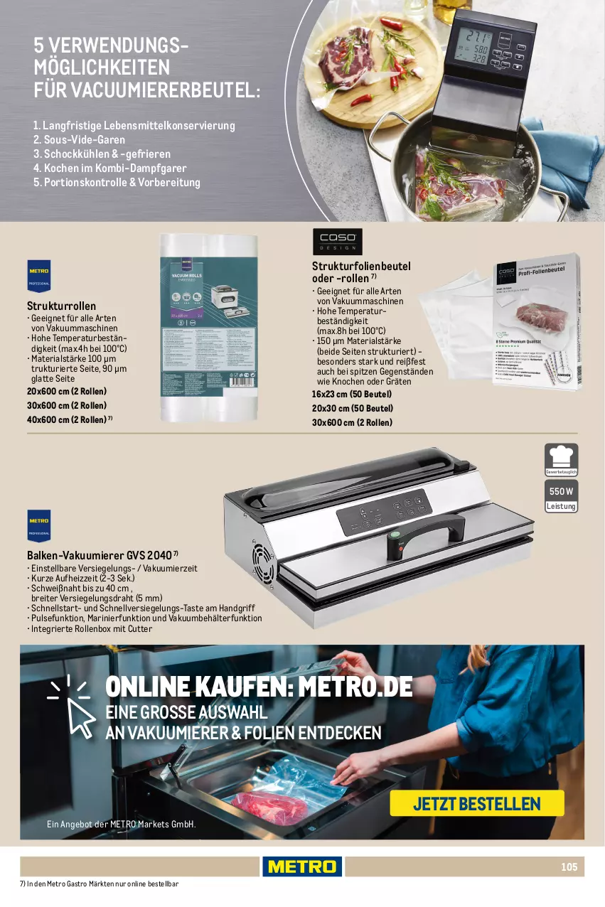 Aktueller Prospekt Metro - Non Food Sortiment - Seite 106 - von 01.10.2025 bis 09.06.2026 - strona 105 - produkty: angebot, Behälter, beutel, Brei, decke, Draht, eis, elle, küche, latte, lebensmittel, Metro, metro gastro, Ria, Rollenbox, rwe, Ti, Vakuumbeutel, Vakuumierer
