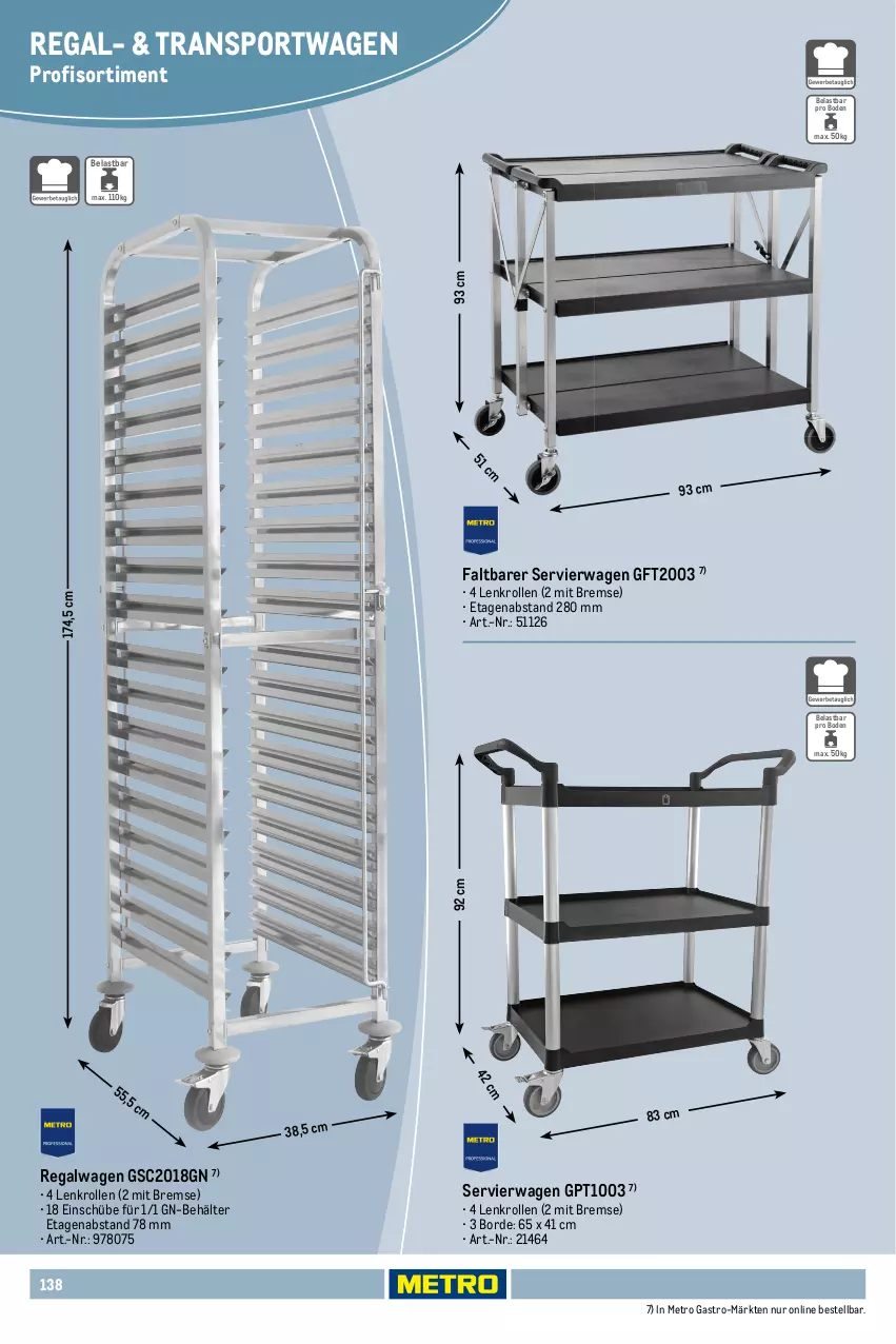 Aktueller Prospekt Metro - Non Food Sortiment - Seite 106 - von 01.10.2025 bis 09.06.2026 - strona 138 - produkty: Alwa, Behälter, edelstahl, elle, laufräder, Metro, metro gastro, regal, Servierwagen, Sport, teller, Ti, tisch, Transportwagen