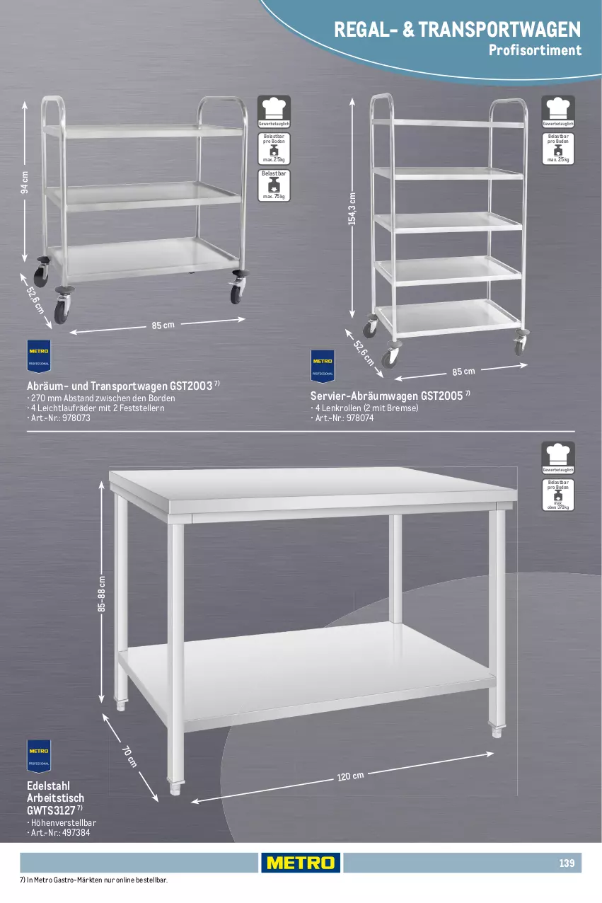 Aktueller Prospekt Metro - Non Food Sortiment - Seite 106 - von 01.10.2025 bis 09.06.2026 - strona 139 - produkty: Alwa, Behälter, edelstahl, elle, laufräder, Metro, metro gastro, regal, Servierwagen, Sport, teller, Ti, tisch, Transportwagen