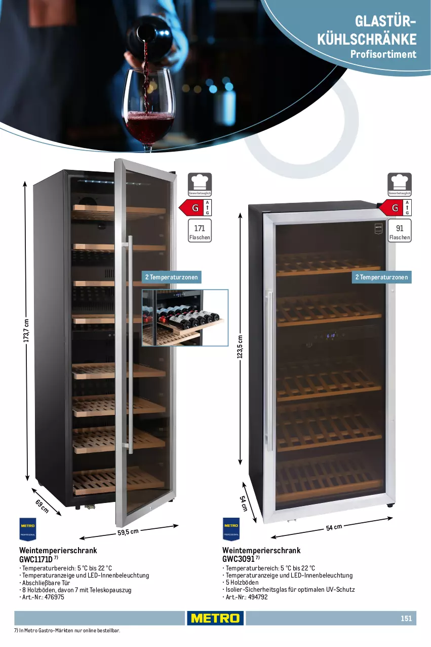 Aktueller Prospekt Metro - Non Food Sortiment - Seite 106 - von 01.10.2025 bis 09.06.2026 - strona 151 - produkty: beleuchtung, flasche, Glastür, Holz, kühlschrank, Metro, metro gastro, Schrank, Teleskop, Ti, uv-schutz, wein