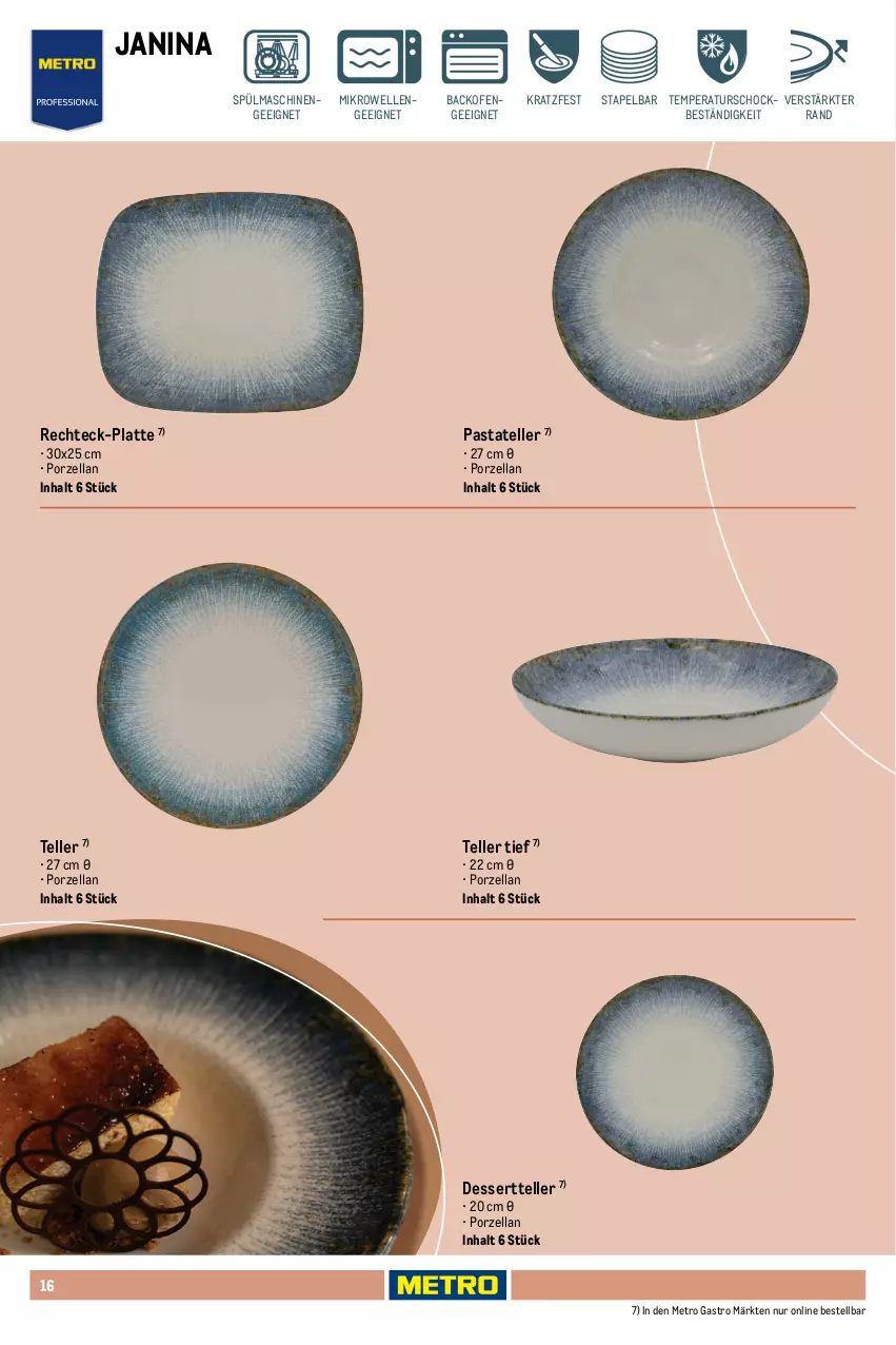 Aktueller Prospekt Metro - Non Food Sortiment - Seite 106 - von 01.10.2025 bis 09.06.2026 - strona 16 - produkty: backofen, dessert, Dessertteller, eis, elle, geschirr, janina, latte, mac, Metro, metro gastro, mikrowelle, Ofen, pasta, reis, salat, Schal, Schale, schüssel, spülmaschinen, teller, Ti, tisch